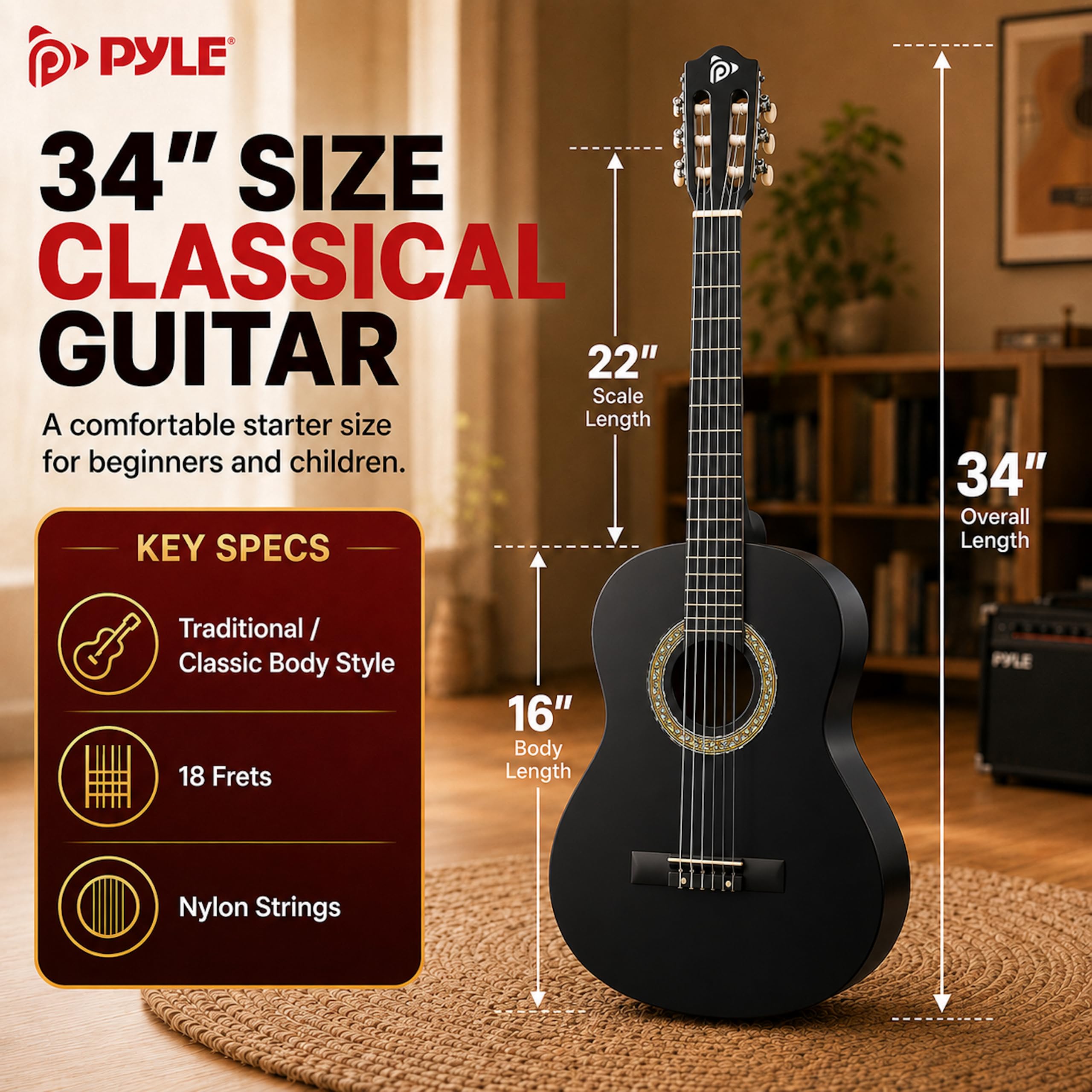 Pyle Zestaw Gitary Akustycznej Dla Początkujących, Instrument Drewniany Junior 1/2, 34" Czarny Matowy