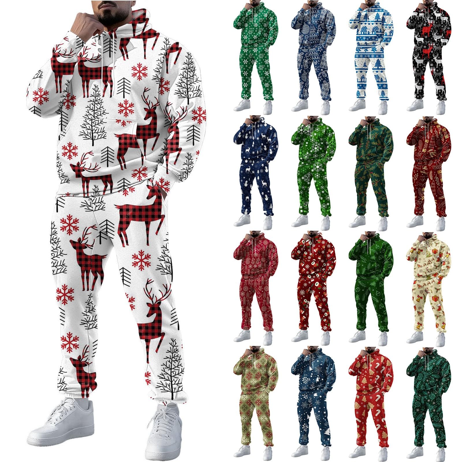 Męski dres bożonarodzeniowy renifer choinka 2 sztuki plus size bluzy z kapturem z długim rękawem i spodnie dresowe, świąteczny zestaw do joggingu, na siłownię, sport, kostiumy z kieszeniami