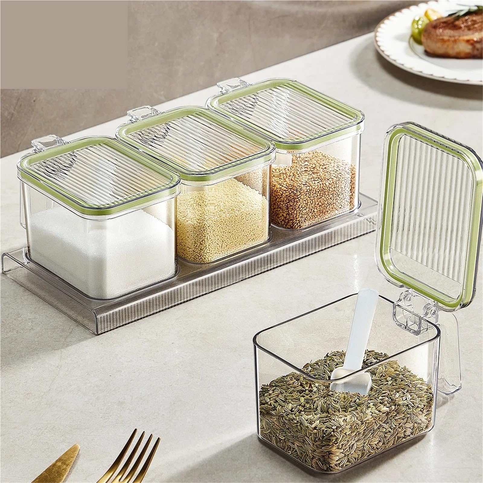 Set di 3 barattoli Se Jar Set, s contenitori per condimenti con cucchiaio, rack Se nizer, barattoli per erbe aromatiche per cucina, perfetti per Ses, condimenti e peperoni