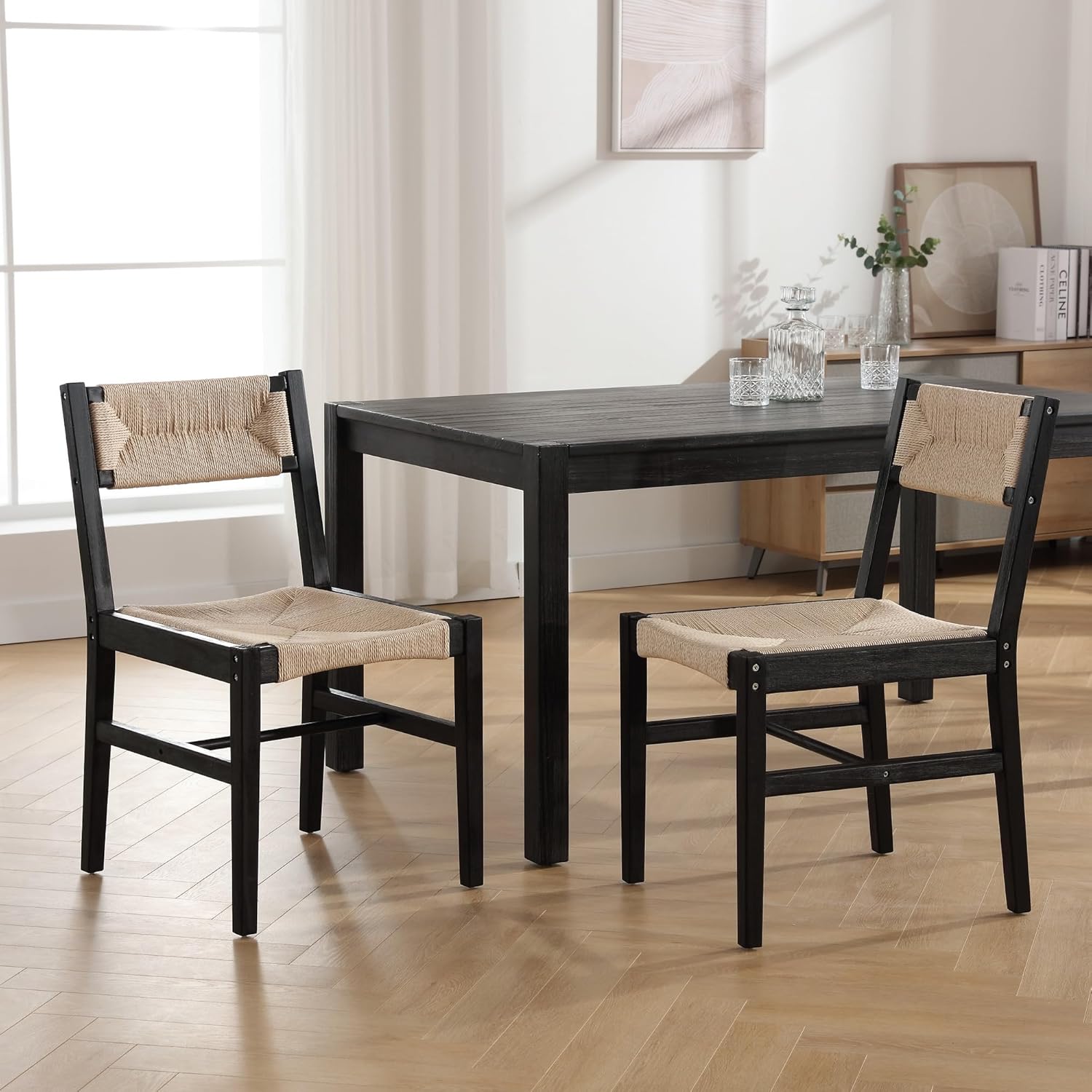 Amazon.com - BESTANO Mid Century Modern Weave Rattan Dining Chairs Set of 2, Black Beechwood ...