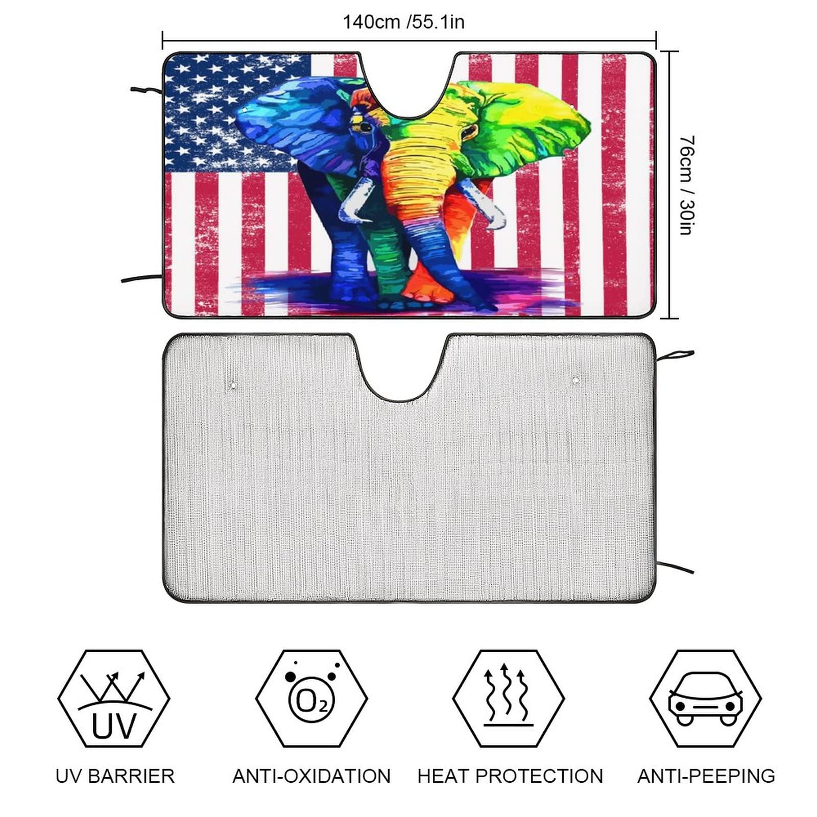 Colorful Elephant Car Windshield Sun Shade Watercolor Bohemian Rainbow Colors Elephant American Flag Print for Most Cars 55L x 30W Inch