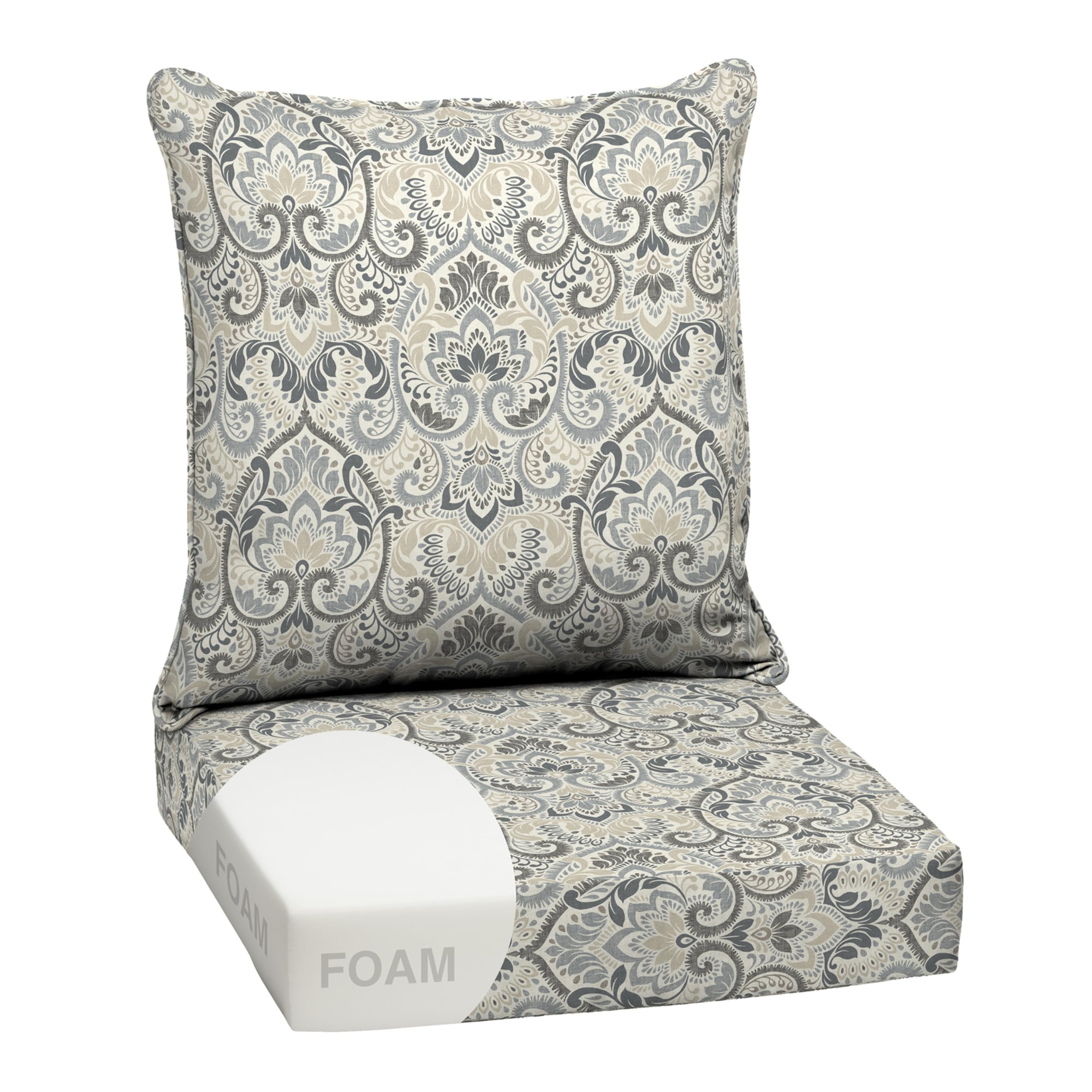 Arden Outdoor Foam Deep Seat Cushion Set, 24 in x 24 in, Weather-Proof, Rain-Proof, Fade Resistant Patio Cushion, Bottom and Back Cushion for Chair, Sofa, and Couch Neutral Aurora Damask