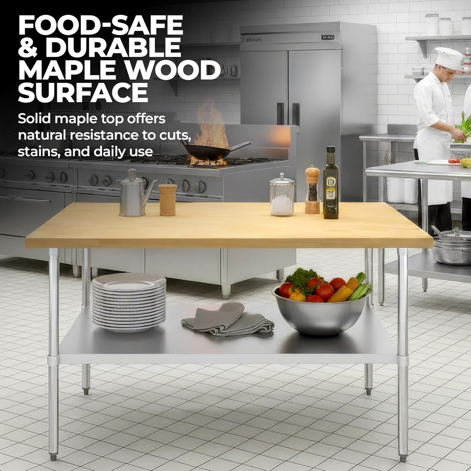 Maple Wood Top Work Table with Adjustable Undershelf – Heavy Duty | Commercial Kitchen Table (18" x 36")