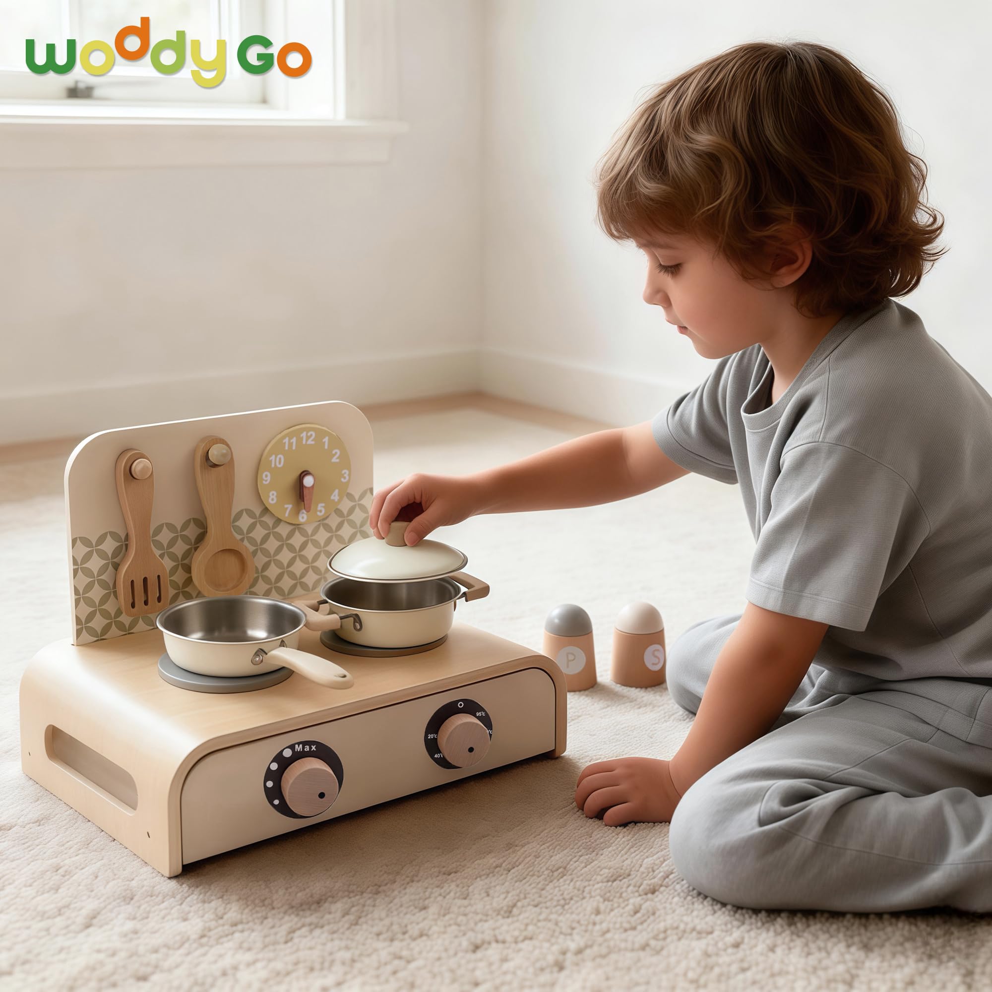 Kinderküche Zubehör Holz, Mini Spielküche Spielset mit Topf, Pfanne, Drehbare Knöpfe mit Klickgeräusch, Montessori Spielzeug ab 3 Jahren