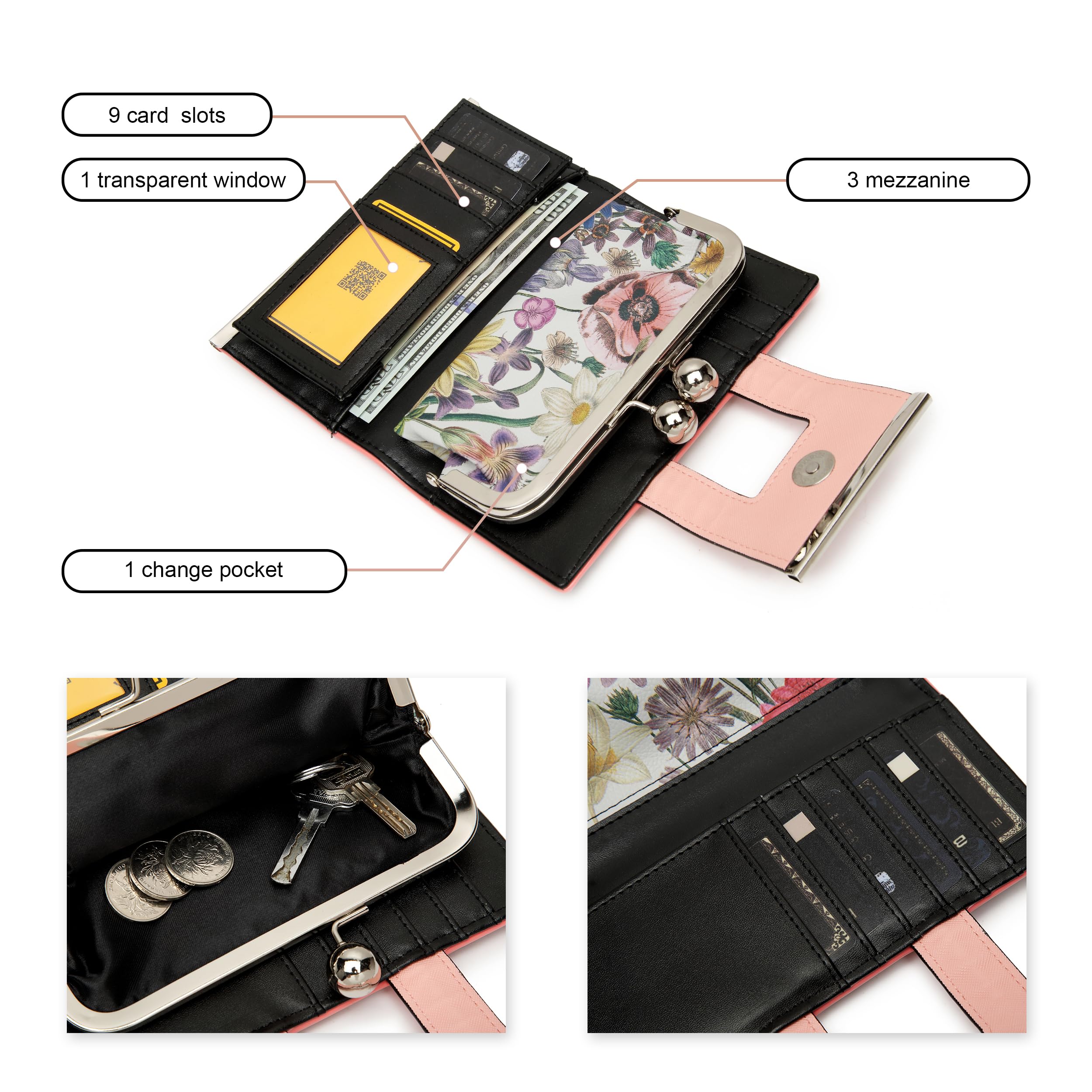 AFKOMST Portefeuille pour Femme en Cuir de Grande capacité Sac à Main Long avec 10 Compartiments pour Cartes et Clips et Porte-Monnaie zéro avec Boucle au Milieu.., 01b-Papillon