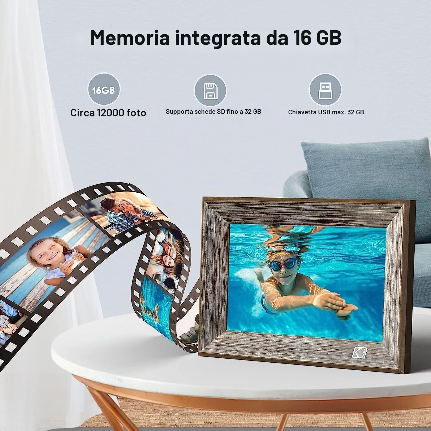 KODAK Cornice Digitale 10 Pollici WiFi Cornice Foto Digitale in Legno 1013W, HD IPS Schermo Touch, Cornici Elettronica con 32GB di Memoria, Rotazione Automatica, Condivisione di Immagine Musica Video