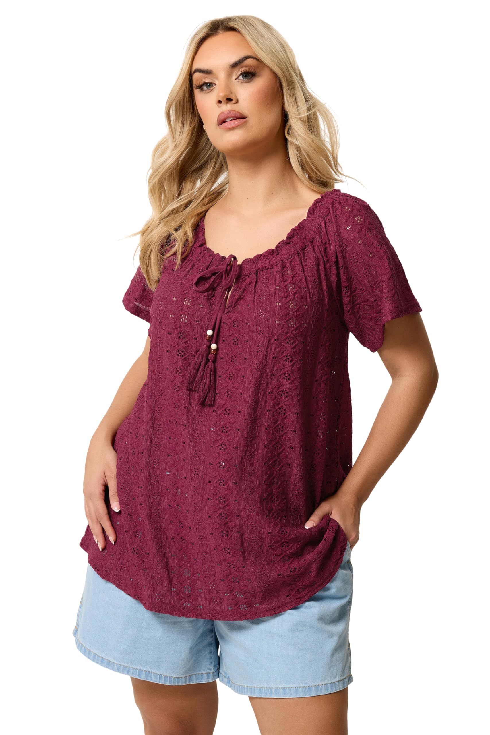 Yours Women's Burgundy Curve Red Broderie Anglaise Top - Plus Size Curve