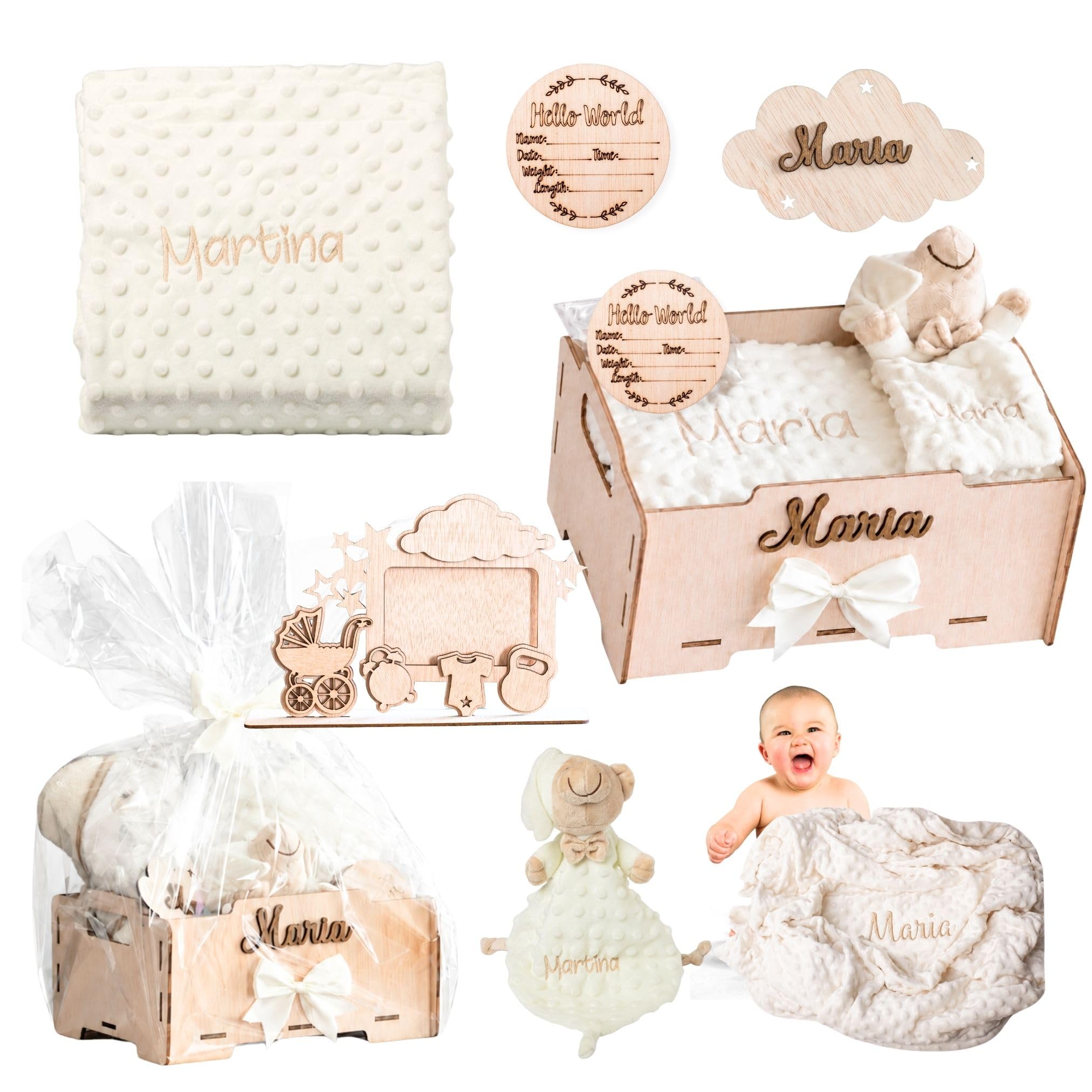 Geschenk für Neugeborene Jungen oder Mädchen | Babykorb mit Babydecke & Schmusetuch Geschenk zur Geburt, Taufe, Schwangerschaft, fürs Krankenhaus & Baby Shower | Personalisiert mit Namen + Holzbox