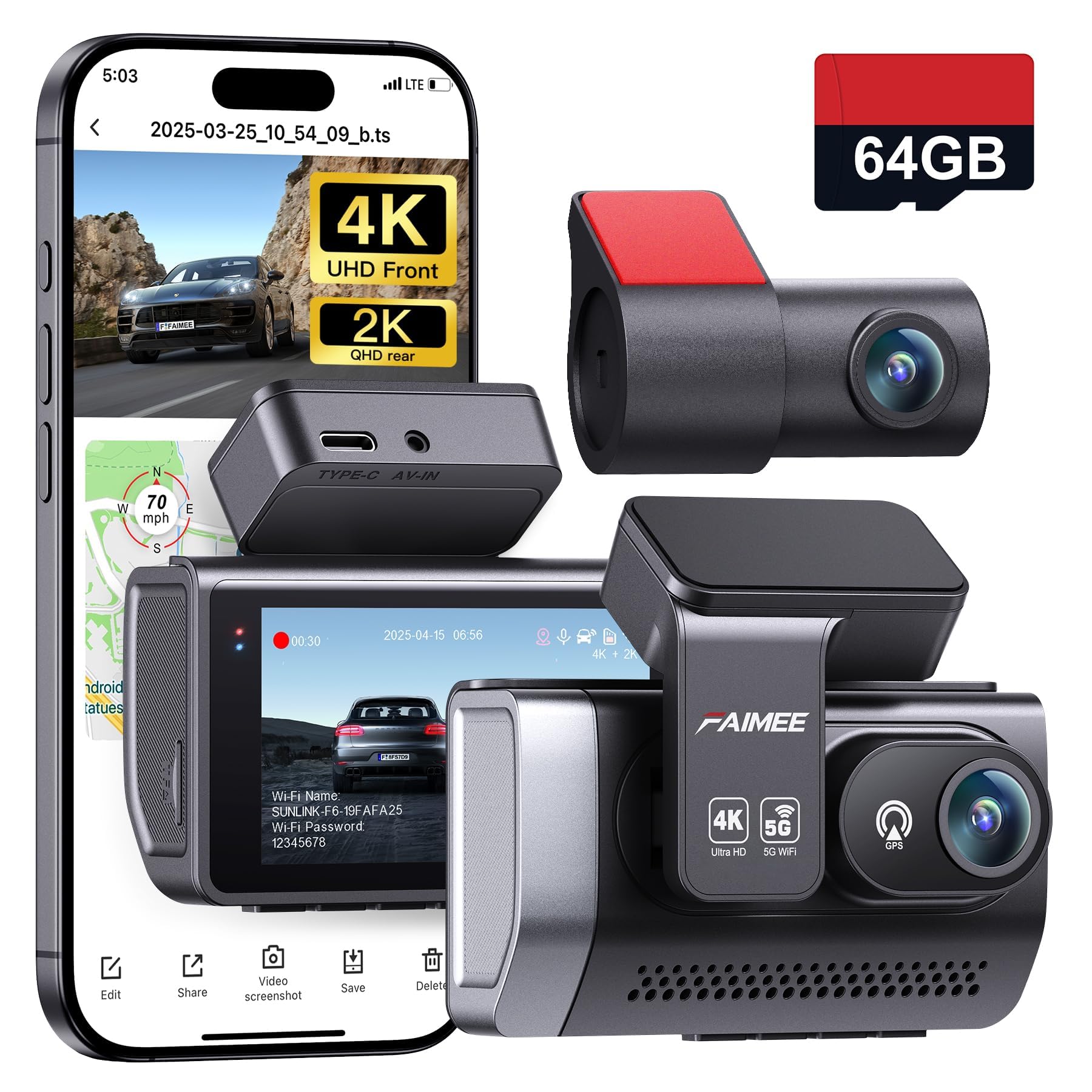4K 2K Dash Cam Front and Rear Dash Camera for Cars 2 Channel 64GB Card Included 5 8G