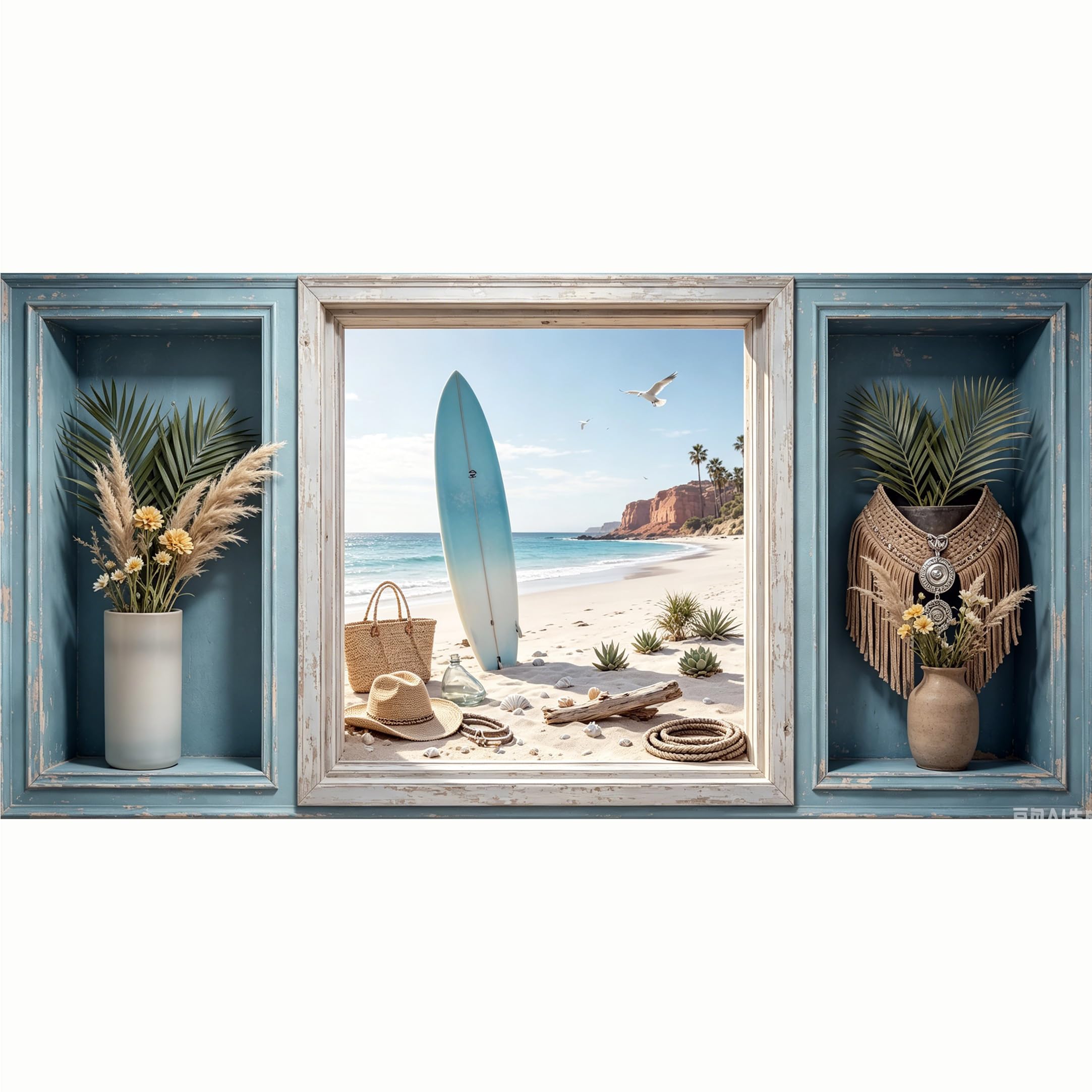 QZLITHOTIC 50x100cm 3D Framed Wall Art， Coastal Surfboard Beach Landscape Self‑Adhesive Mural， Water‑Activated Peel & Stick Fabric Decor Wall Decal for Bedroom Living Room