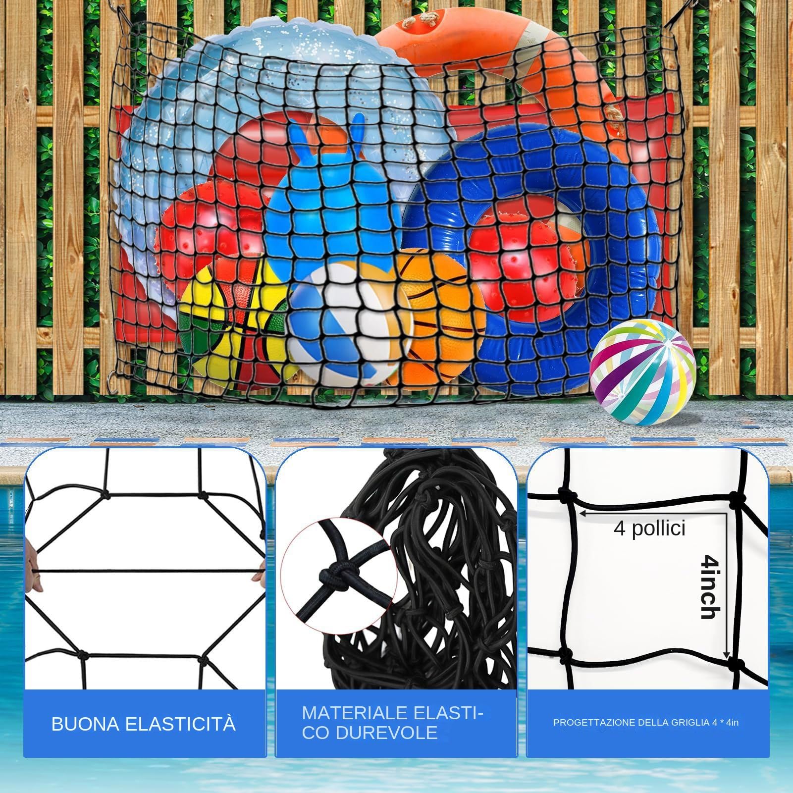 Pool Toy Storage Net, Large Mesh Organizer, Heavy Duty Storage Bag Black Design, Wall-Mount Netting with 20 Screw Hooks, for Inflatable Rafts, Beach Balls, Swim Chairs, Float Toys