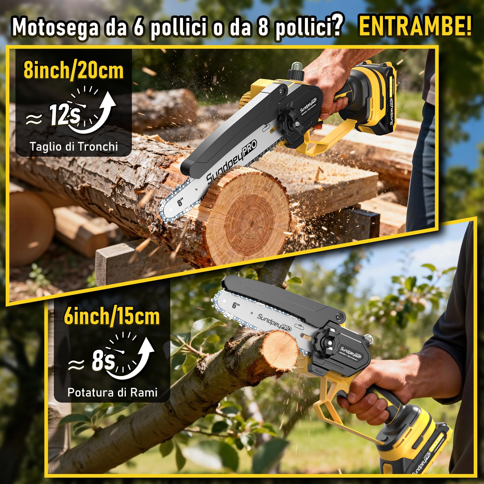 Mini Motosega a Batteria 8/6 Pollici - Brushless Mini Sega a Batteria da 2*2.0Ah per Potatura, Lubrificazione Automatica, Tensione Catena Senza Attrezzi, 900W, Motosega Elettrica per Taglio di Legno