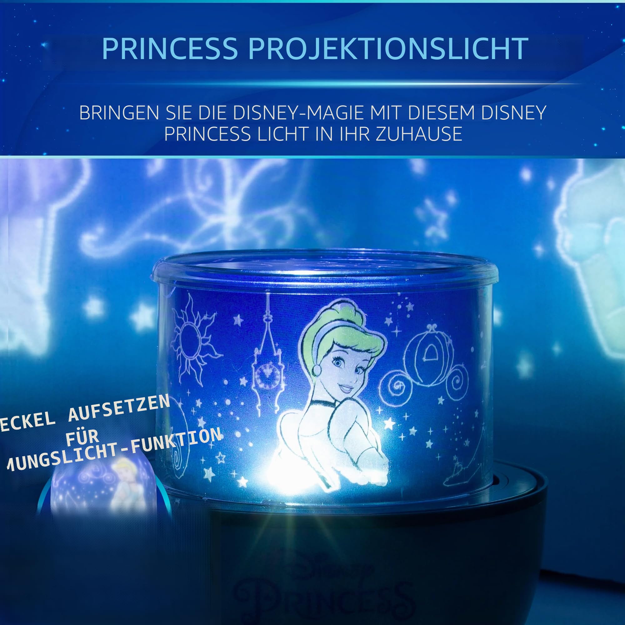 Disney Princess Projektion Licht - Wechselbare Szenen, mit Ariel, Rapunzel, Cinderella & Mulan, Nachtlicht & Dekoration für Wände & Decke im Mädchenzimmer