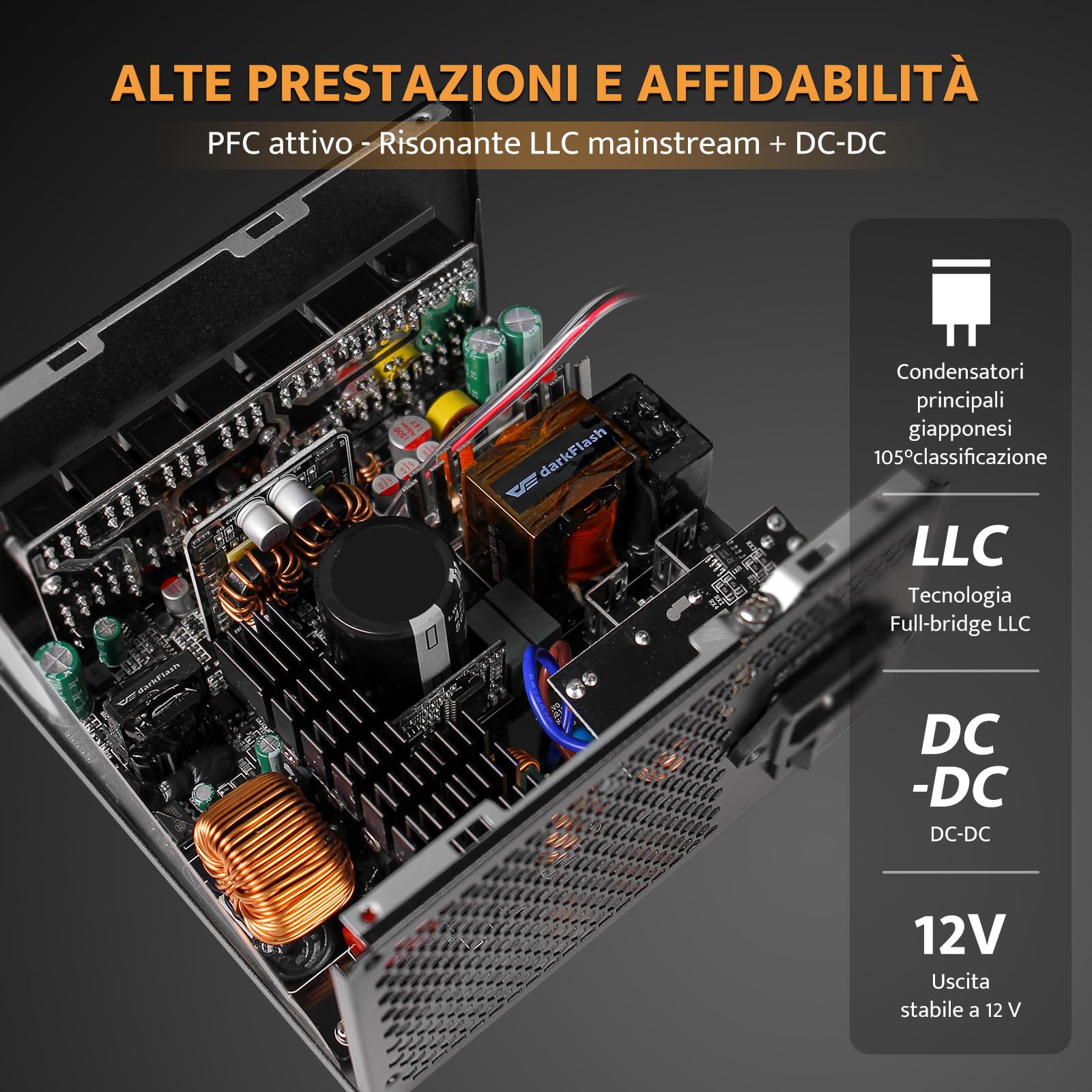 darkFlash PMT850 Alimentatore Completamente Modulare ATX 3.1 e PCIe 5.1, cavo 12VHPWR, 100% Giapponesi 105°C, Alimentatore da Gioco 80 Plus Gold, Dimensioni Compatte 150 mm, (Nero, 850 watt)