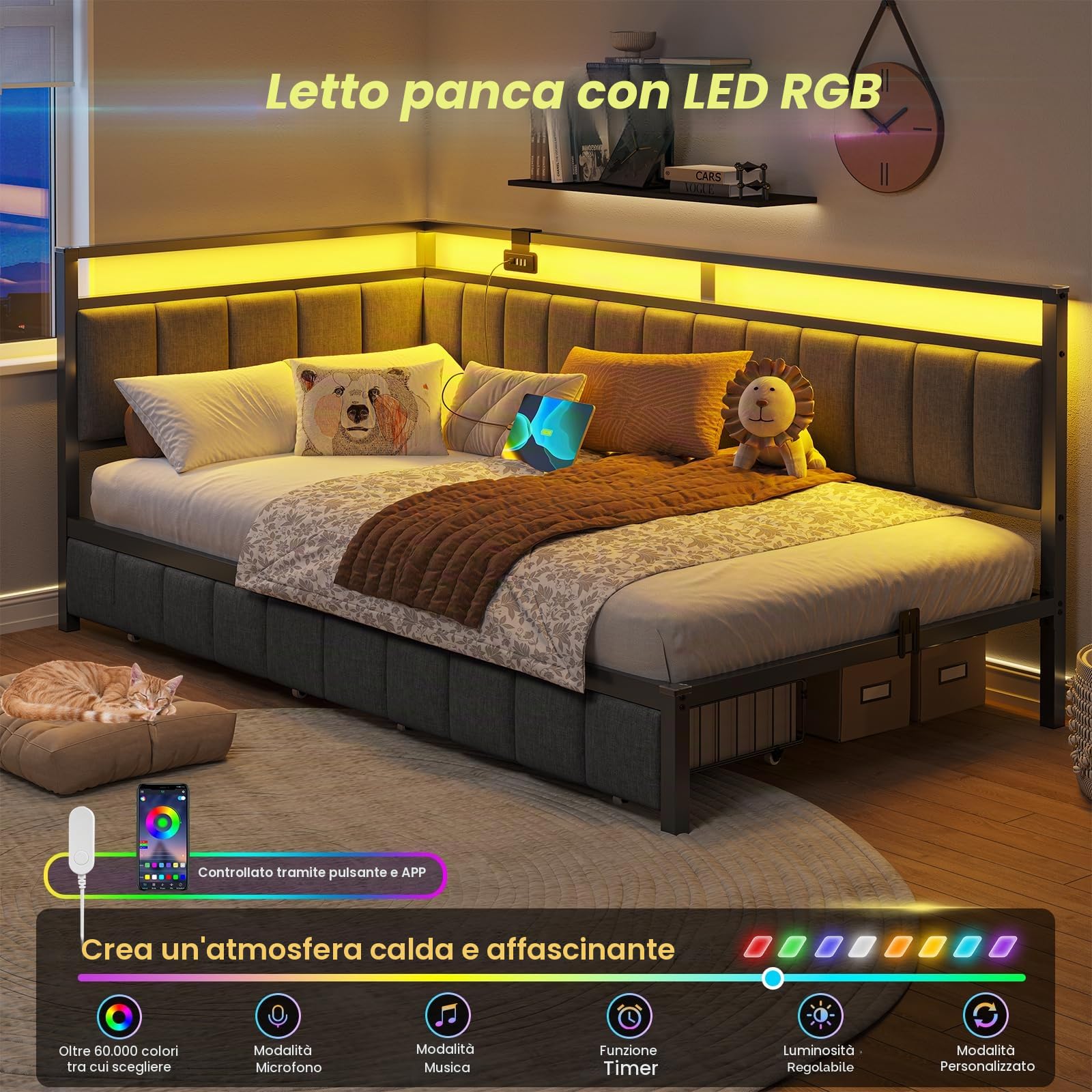 DICTAC Divano letto 90 x 200 con illuminazione a LED e presa USB, cornice per letti 90 x 200 con rete a doghe in metallo, letto per panchina, letto con 2 cassetti di stoccaggio, grigio