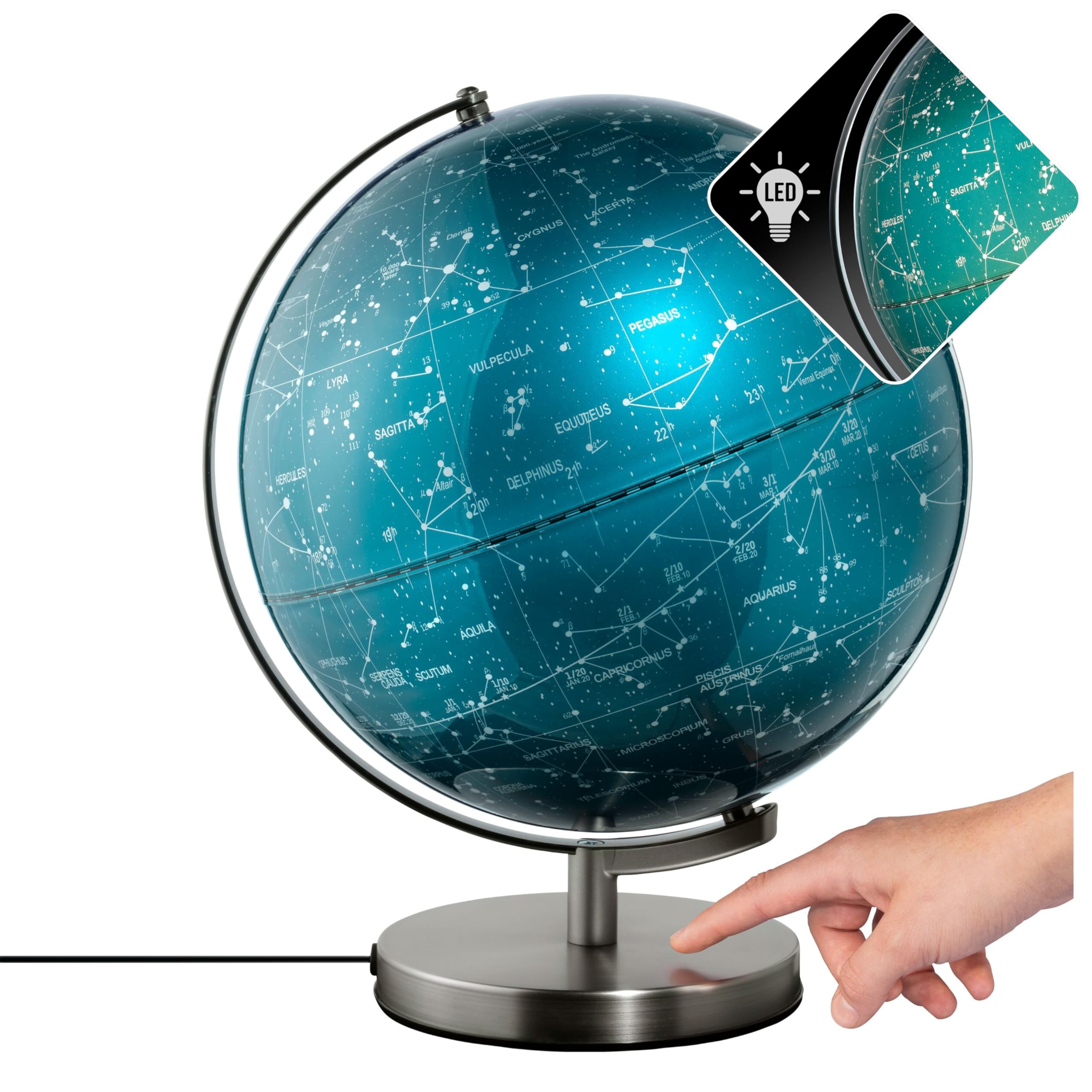 TROIKA Globus mit Sternenkarte beleuchtet Touch Funktion 30cm Durchmesser STELLAR LIGHT TOUCH Beleuchtung inkl. Ladestecker auf gebürstetem Metallfuß aus Kunststoff und Metall in blau