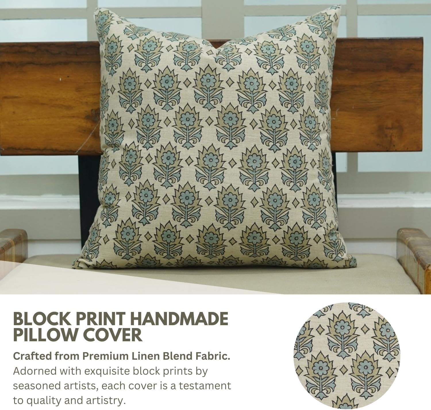 Floral Handmade Block Print Linen Blend 22X22 Inches Throw Cushion Cover, Indoor, Home Decor, Farmhouse Pillowcase, Decorative for Sofa, Couch, and Bed, Fall Decoration, Kusum, Gray