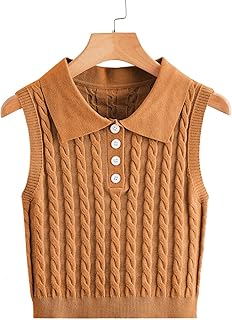 Danedvi Womens Lapel Neck Cable Cute Knit Sweater Vest Button Front Knit Tops Plain Sleeveless Casual Pullover Knitwear