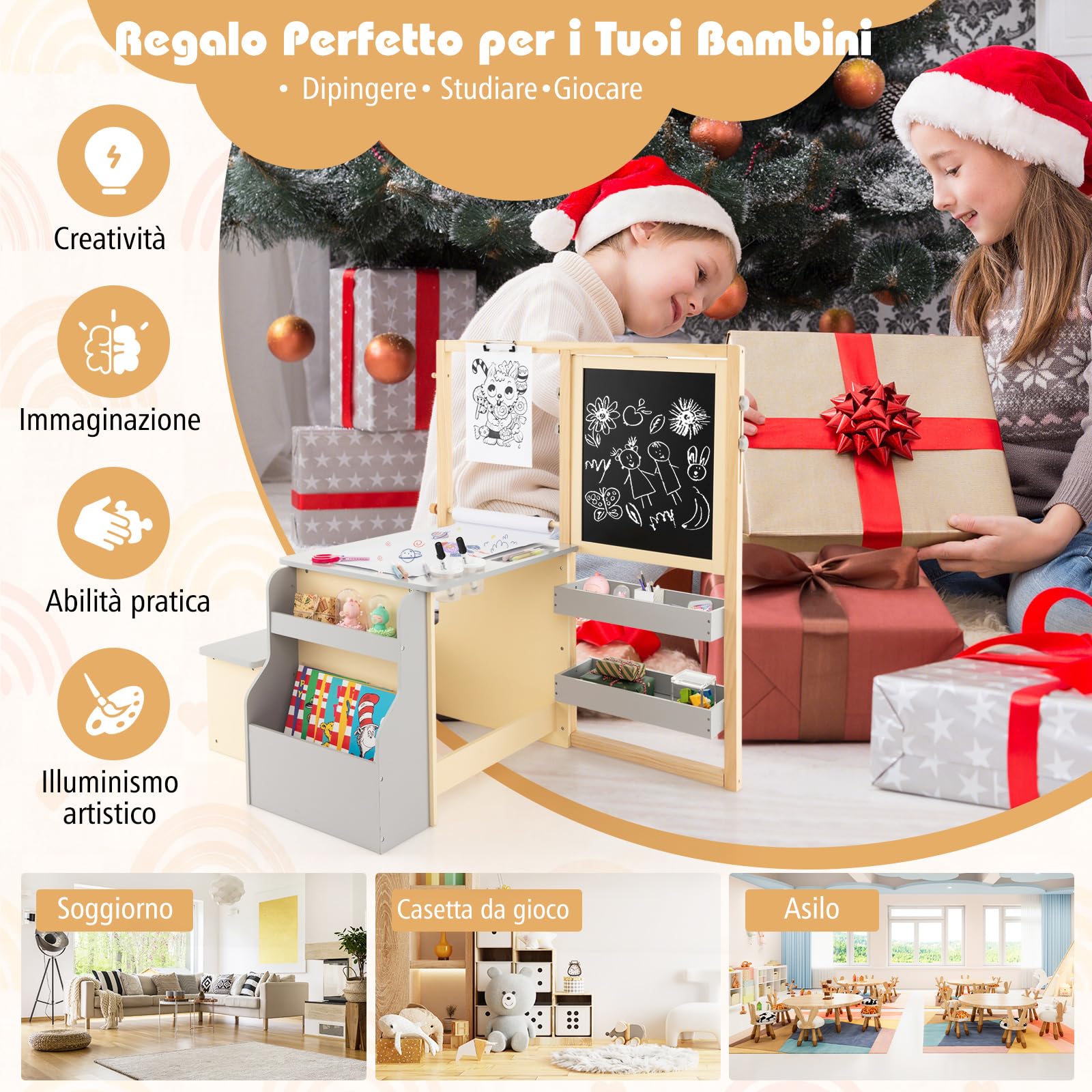 RELAX4LIFE Set Tavolo con Sedie 3 in 1, Cavalletto Regolabile/Scaffale/Scrivania/Lavagna Bianca/Lavagna Nera/Libreria con Tazze,Pennarelli,Gomma, Gessetti,114x81x100 cm (GRIGIO)
