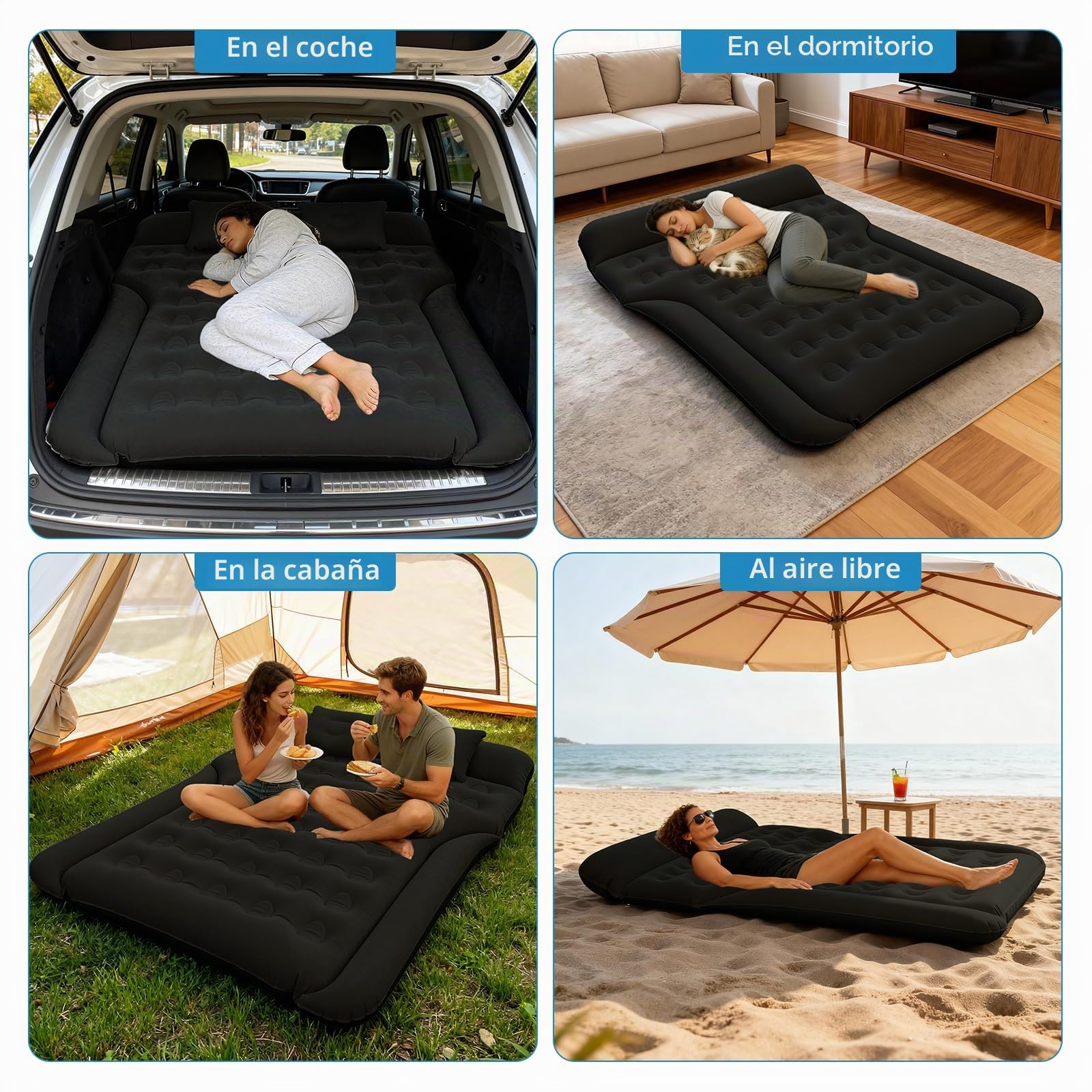 Colchón para Coche Cómodo colchón de vehículo para Viajes y Camping Colchón de Aire Asiento Trasero Colchón Plegable para Coche fácil de almacenar Solució (Negro)