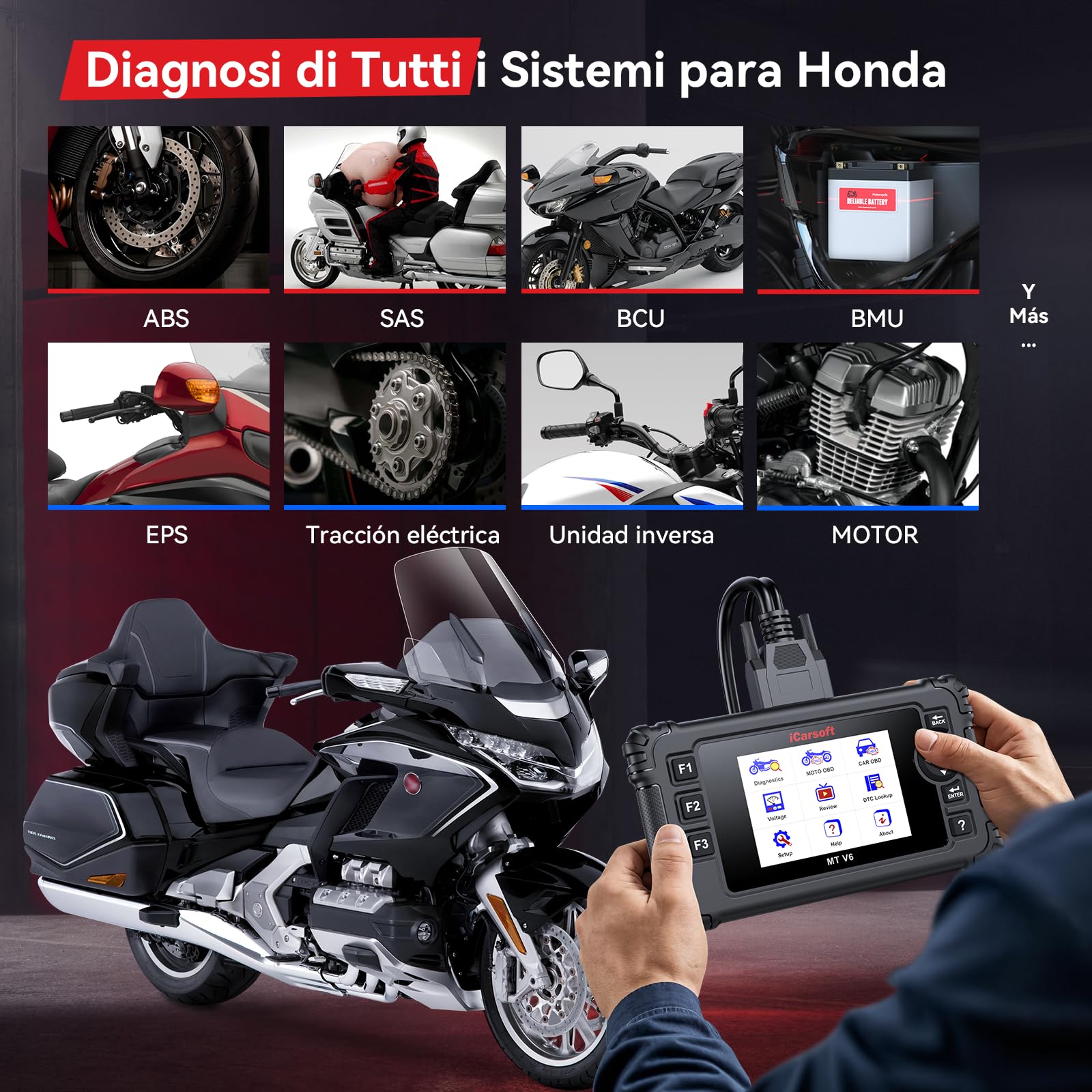 iCarsoft MT V6 para Honda Moto, Herramienta de Diagnosis de Sistema Completo, 7 Servicios, Lector de códigos de Motor con Vin automático, Prueba de batería y actualización de por Vida.