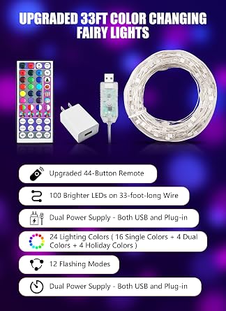 Minetom Upgraded 33ft Color Changing Fairy String Lights with Remote and Adapter for Bedrooom Holiday Decor, 24 Colors, 100 LED