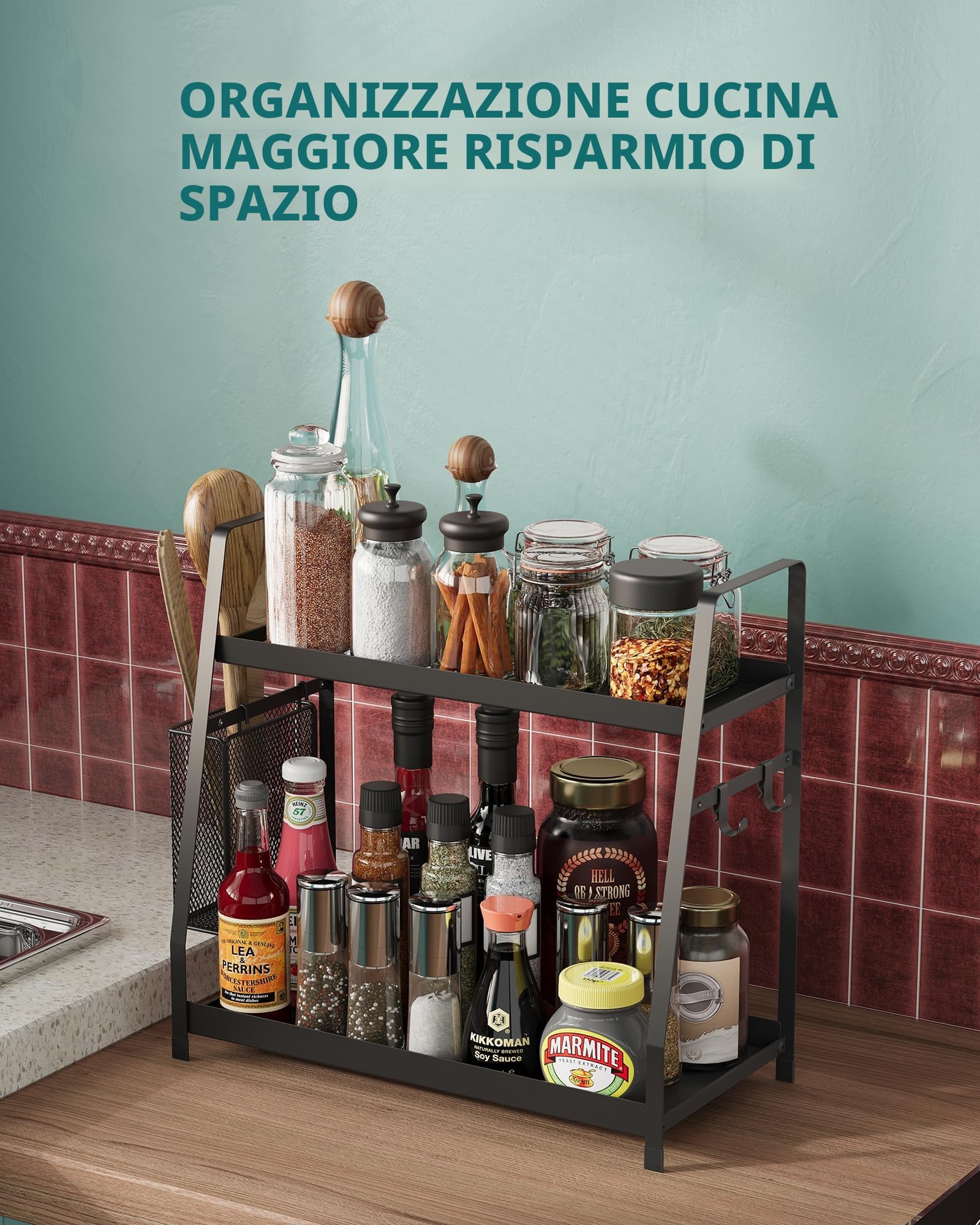 OROPY Portaspezie a 2 livelli per il piano di lavoro, scaffale in metallo regolabile in altezza per la cucina, scaffale verticale per barattoli di condimento, nero