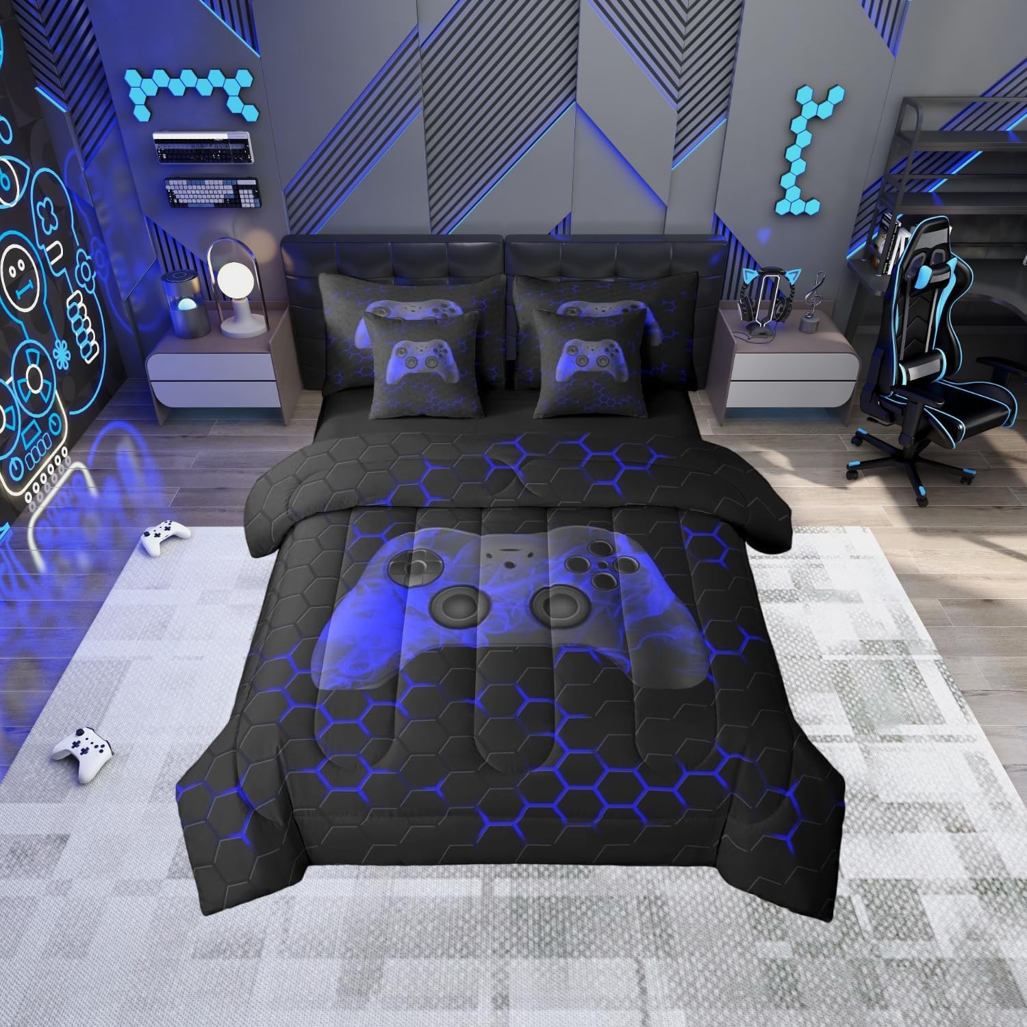Erosebridal Gaming Twin Bed in A Bag 7 Piece Video Game Comforter Set with Sheets Gamer Gifts Bedding Sets for Teens Adults,Gamepad Geometric Bed Set