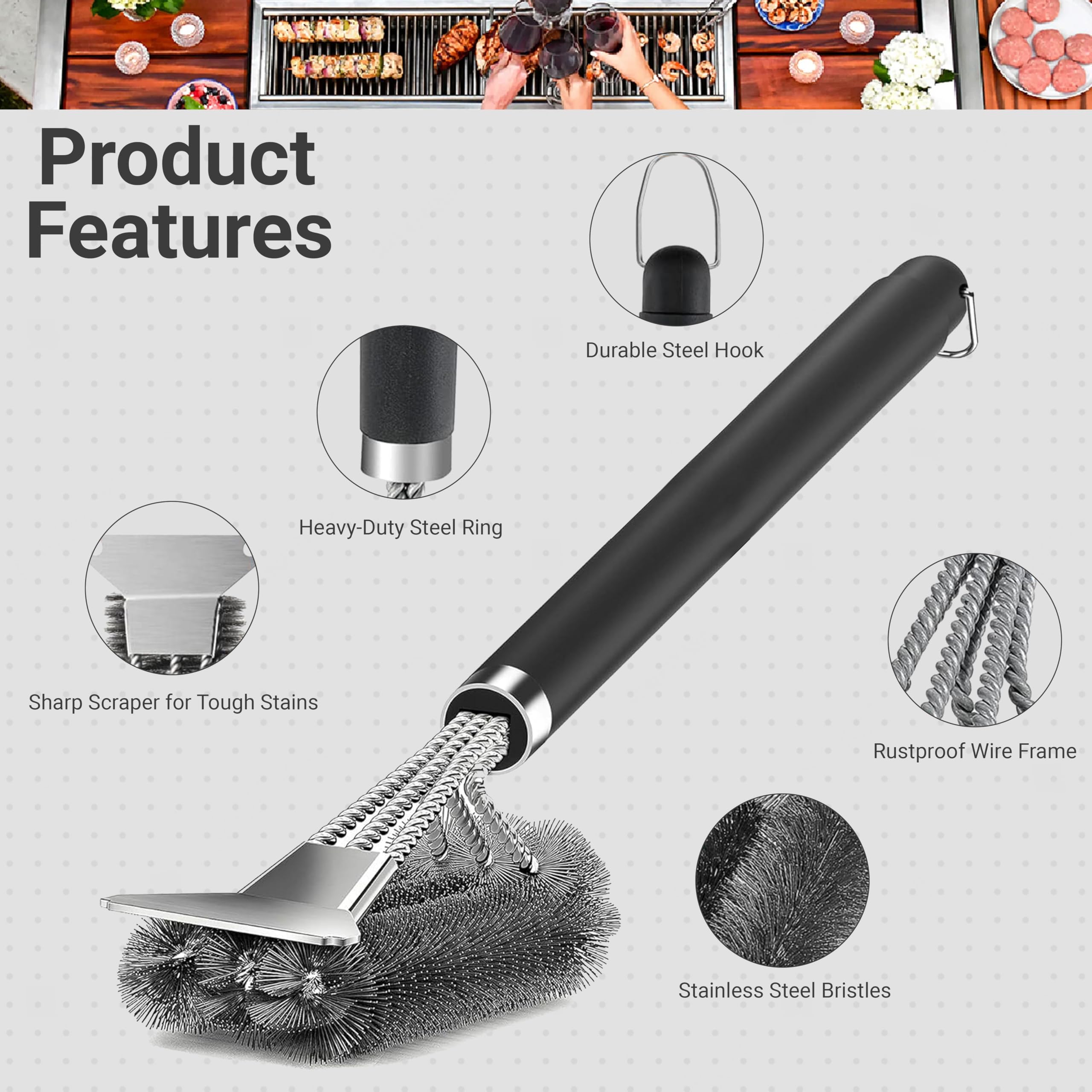 BBQ Grill Cleaning Brush with Stainless Steel Scraper, Heavy Duty Wire Bristles & Long Handle, 2-in-1 Barbecue Cleaner for Gas, Charcoal & Electric Grill, BBQ Cleaning Brush Set with Bonus Brush - 2