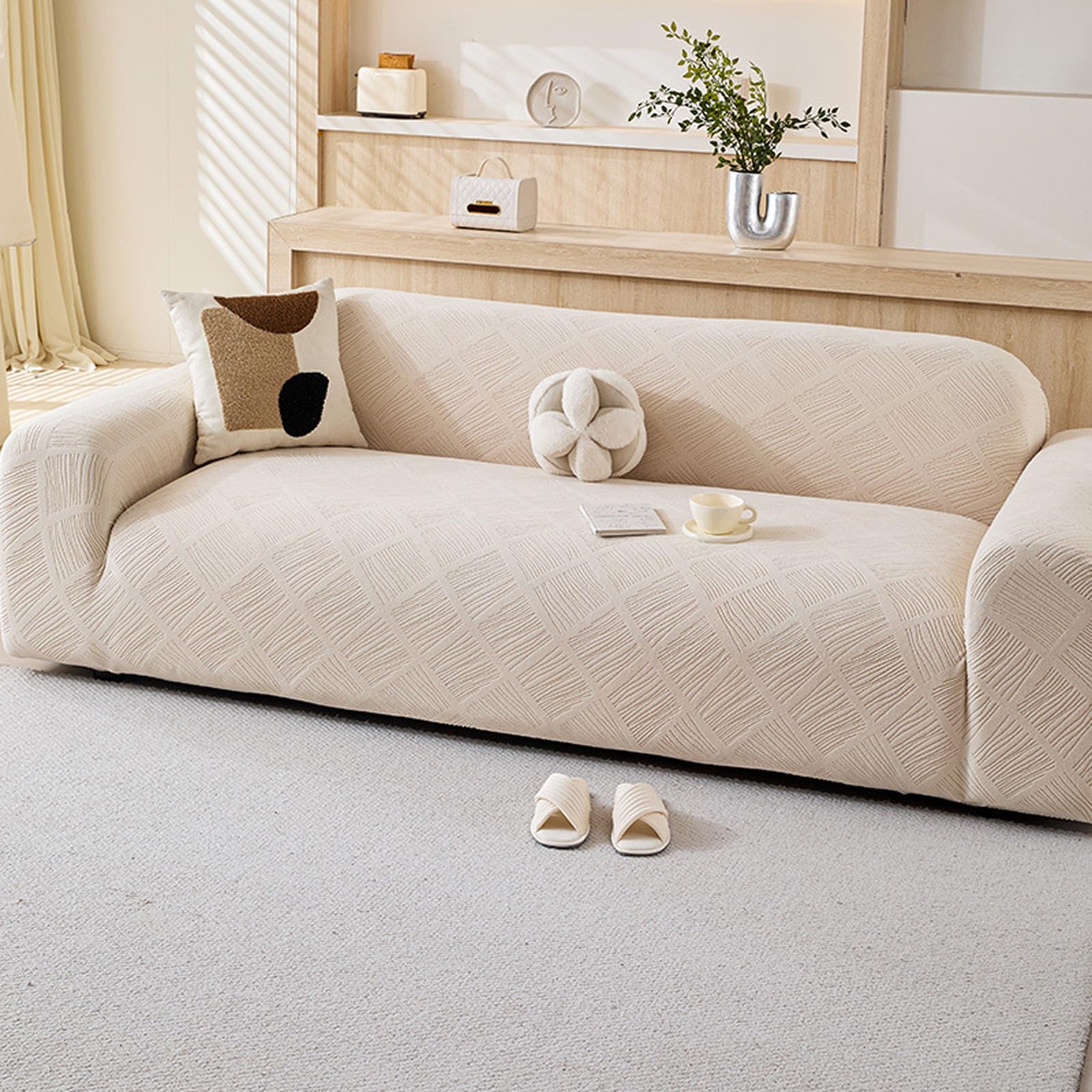 Yujoqup Beige Sofa Slipcovers 1 2 3 4 Seater, Universal Jacquard Couch Cover, Stretch Sofa Covers With Non Slip Elastic Bottom Furniture Protector(Size:4 Seater(235Cm-300Cm),Color:beige)