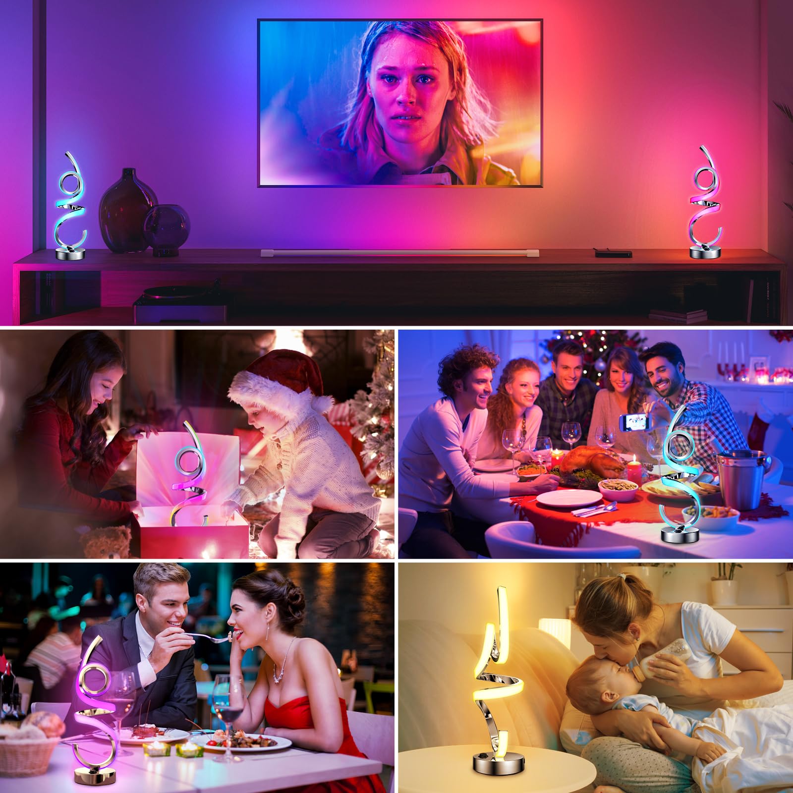 Lampada da comodino a LED dimmerabile, RGB bianco caldo, senza fili, a spirale, moderna, con batteria, ricaricabile, 10 modalità dinamiche con telecomando e timer, luce notturna per camera da letto