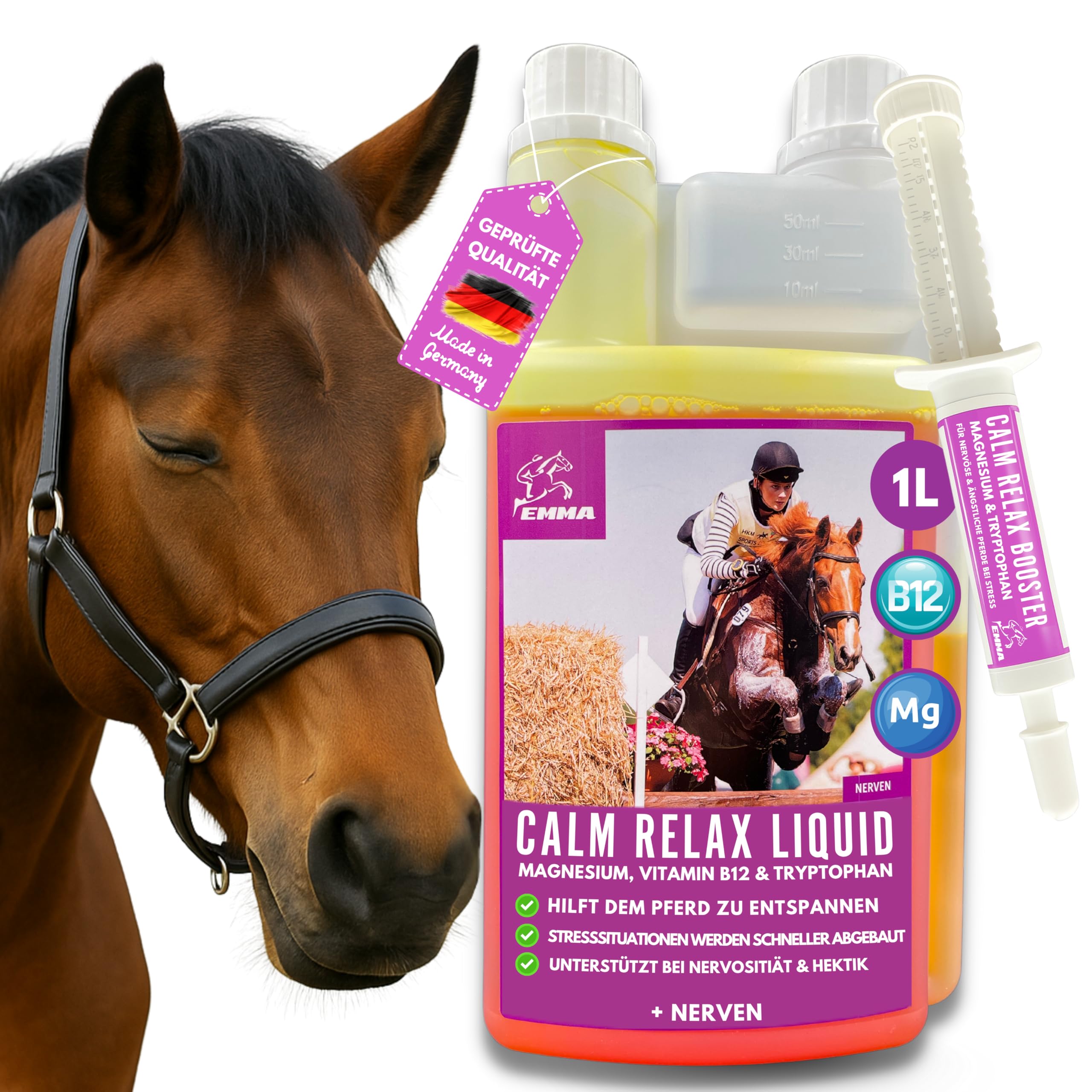 Magnésium cheval 1L + 30ml CALM Relax Liquid + Booster avec magnésium, L tryptophane & vitamine B12 I contre anxiété & stress, vitamine B 12 anti stress I apaisement cheval transport de stress nerveux