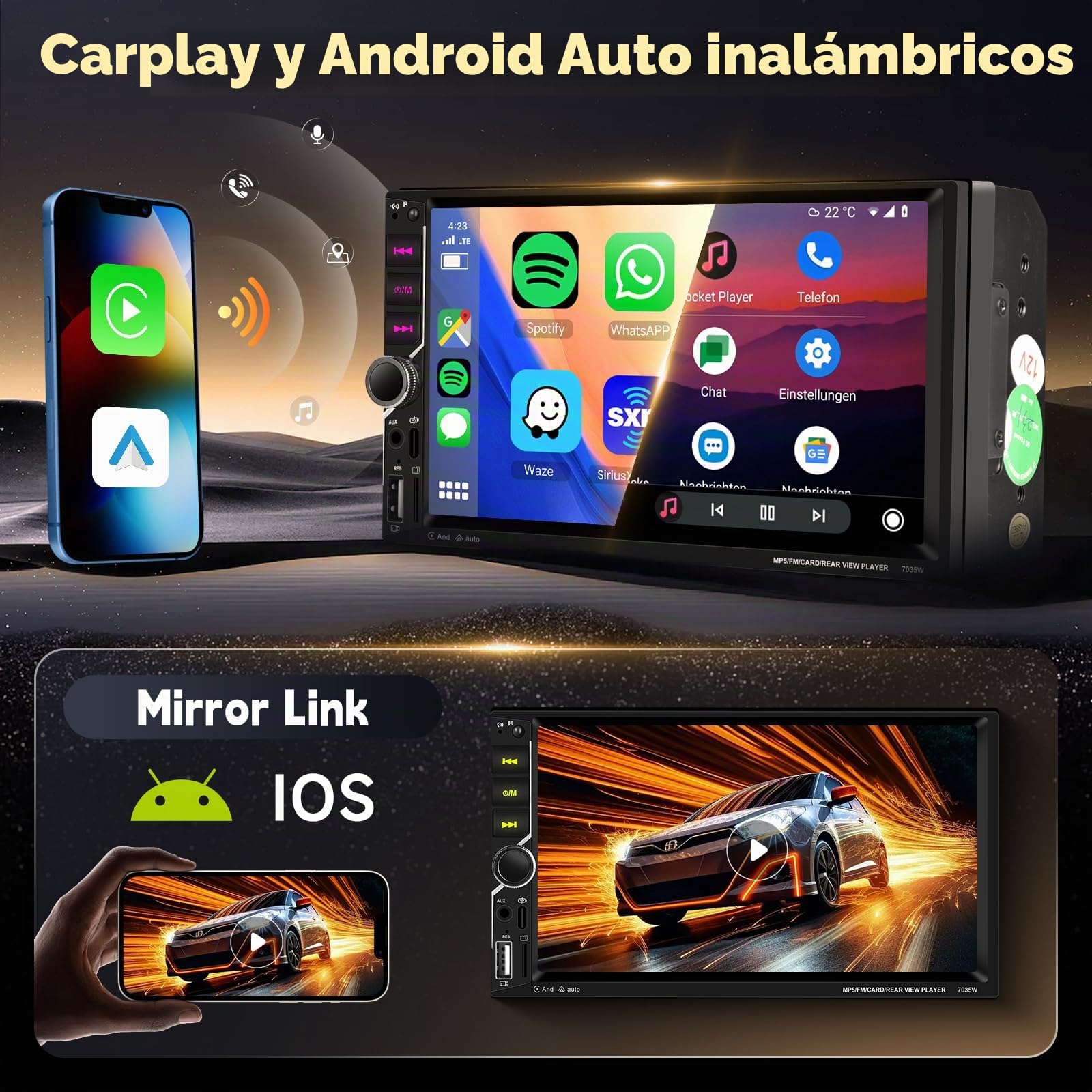 Hodozzy Radio para Coche 2 DIN con CarPlay Inalambrica Android Auto, Estéreo Coche 2 DIN con Pantalla Táctil 7 Pulgadas con Bluetooth, Mirror Link, Reproductor Multimedia Radio FM, EQ USB/AUX, Cámara