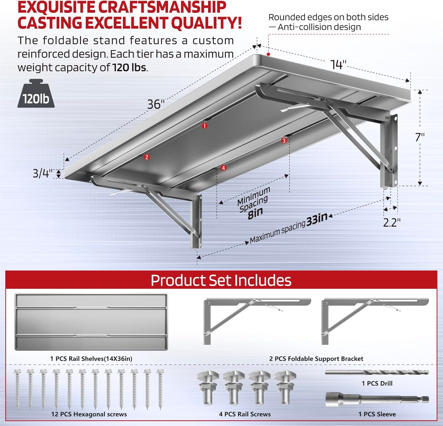 1.2x3FT Adjustable Garage Shelf Wall Mounted Fold Down Shelf Metal Heavy Duty Sliver 1Pack