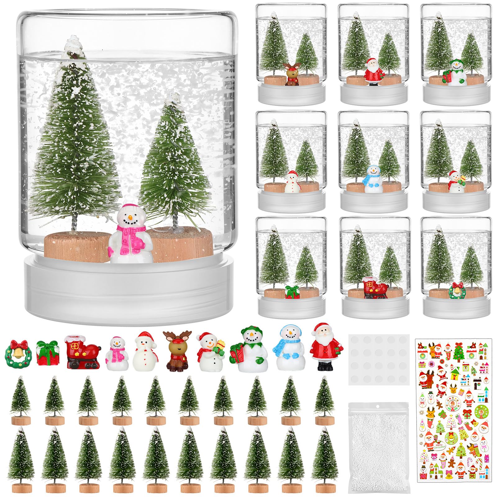 10 Set Christmas DIY Snow Globe Kit Including 10 Clear Globe 20 Mini Xmas Trees 10 Christmas Snowman Ornaments with Artificial Snow Display for Crafts Winter Home Decoration