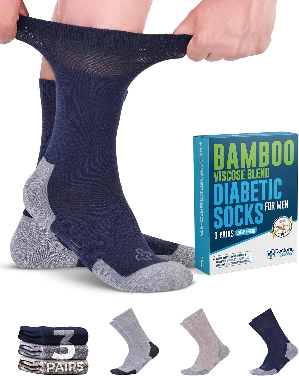 Doctor's Select Bamboo Viscose Diabetic Socks for Men - 3 Pairs Crew Mens Diabetic Socks