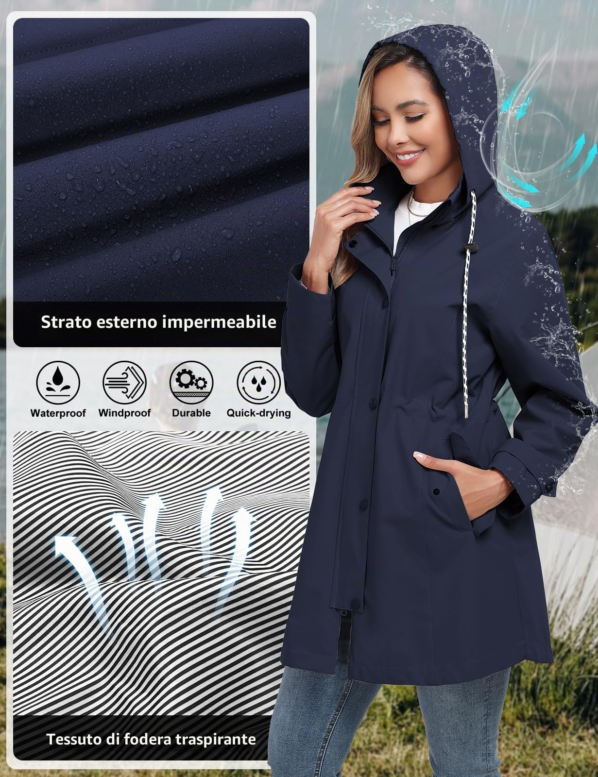 Giacca Impermeabile Donna Antipioggia Leggera Giacca a Vento Lungo Antivento Trench Impermeabile Cappotto con Cappuccio Raincoat per All'aperto Campeggio Trekking