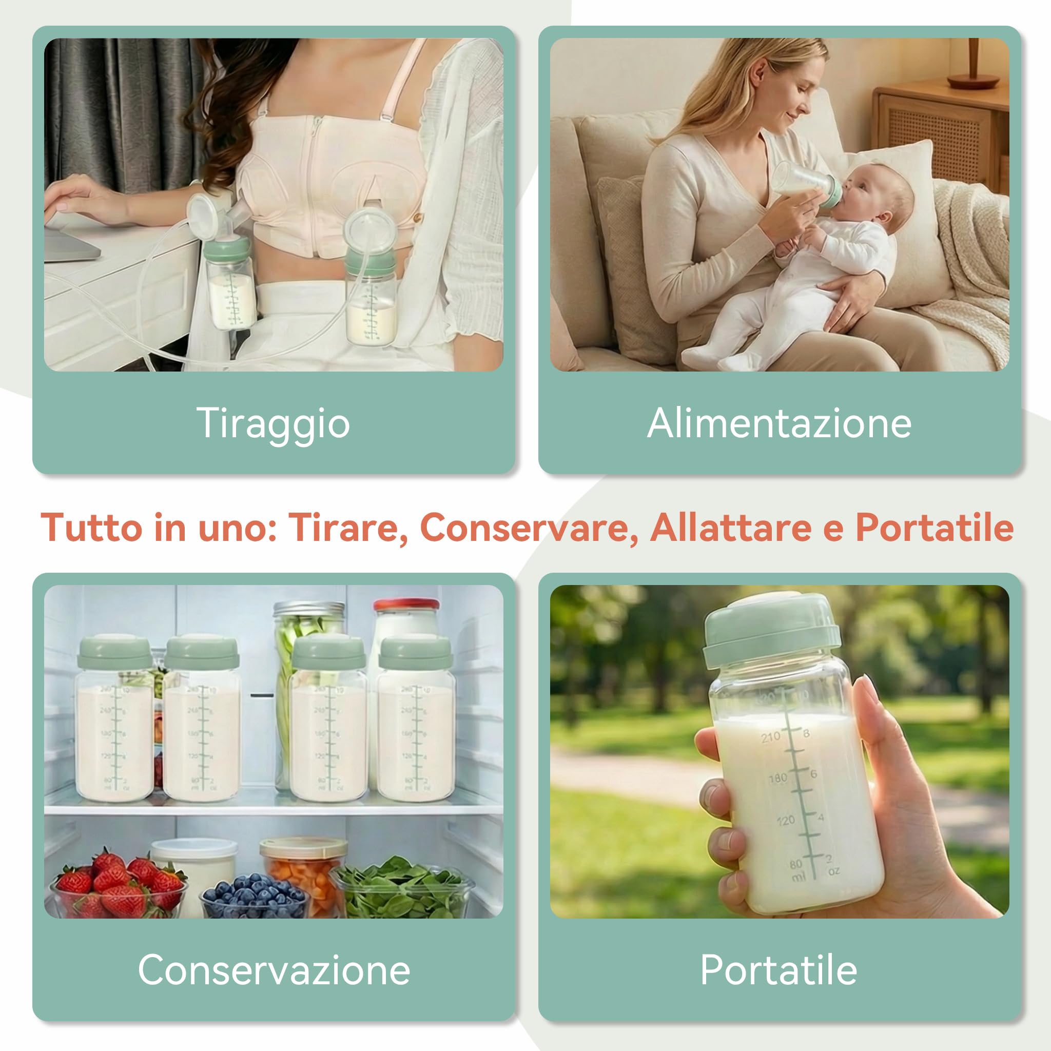 4PCS Biberon per Conservazione Latte Materno 300ml Confezione da Raffreddatore Momcozy 650ml– Anti-Perdita Collo Largo Compatibili con Spectra S1 S2 9Plus SG Motif Luna (Verde)