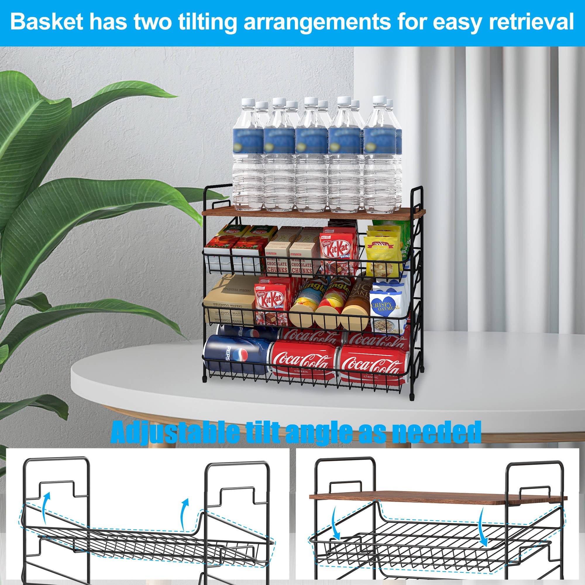 TIOYOTY 4-Tier Water Bottle Organizer, Stackable Water Bottle Storage Rack with Wood Lid, Tumbler Travel Cup Holder, Stacking Can Dispensers, Kitchen Countertop Rack for Baby Bottle Wine Cup Snacks