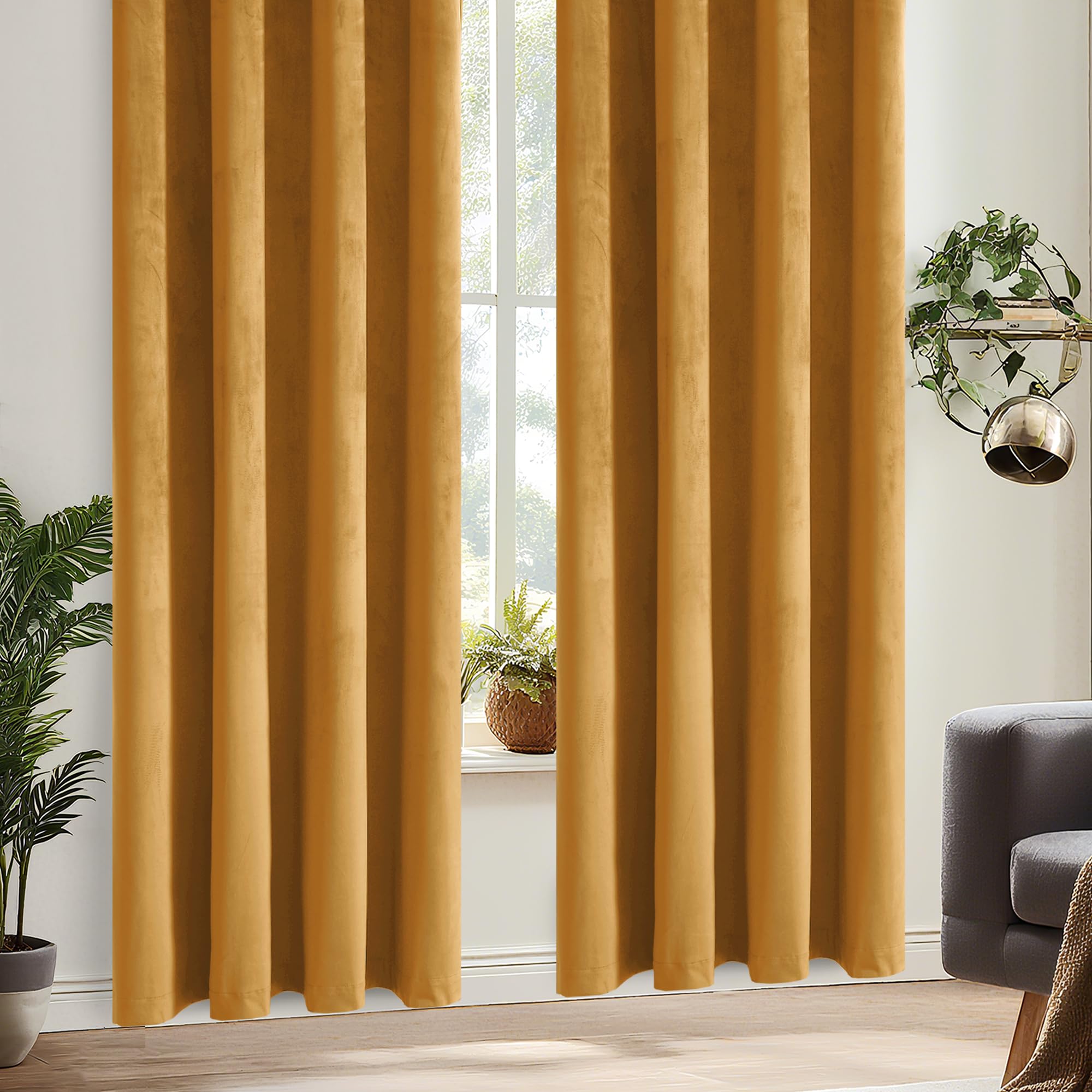DWCN Cortinas De Salón De Amarillo Mostaza De Terciopelo, Juego De 2, H280 X 140 cm, Cortinas De Terciopelo Suave con Lazos para Cortinas, Cortinas Pesadas Opacas con Ojales para Protección contra El