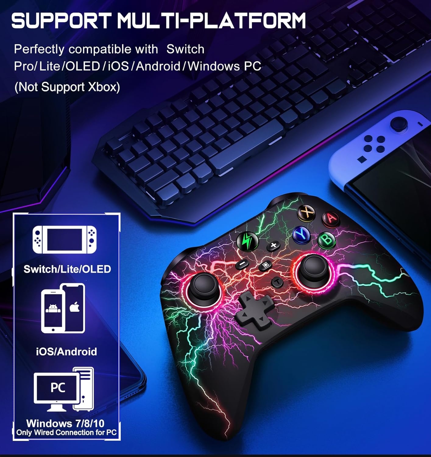 Switch Controller, LED Wireless Switch Pro Controller for Switch/Lite/OLED, Multi-Platform Windows PC/IOS/Android Remote with Cool RGB Light/Programmable/Motion Control/Vibration/Turbo/Wakeup : Video Games