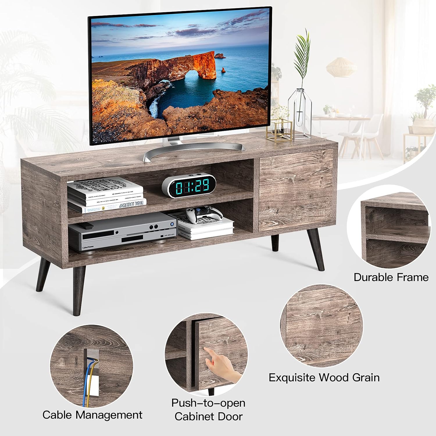 TV Console Table with Storage for TVs up to 55-in, Retro TV Stand for Media Cable Box Gaming Consoles, Mid-Century Modern TV Stand & Entertainment Center Wood TV Stand for Living Room Bedroom,APRTS01G : Home & Kitchen