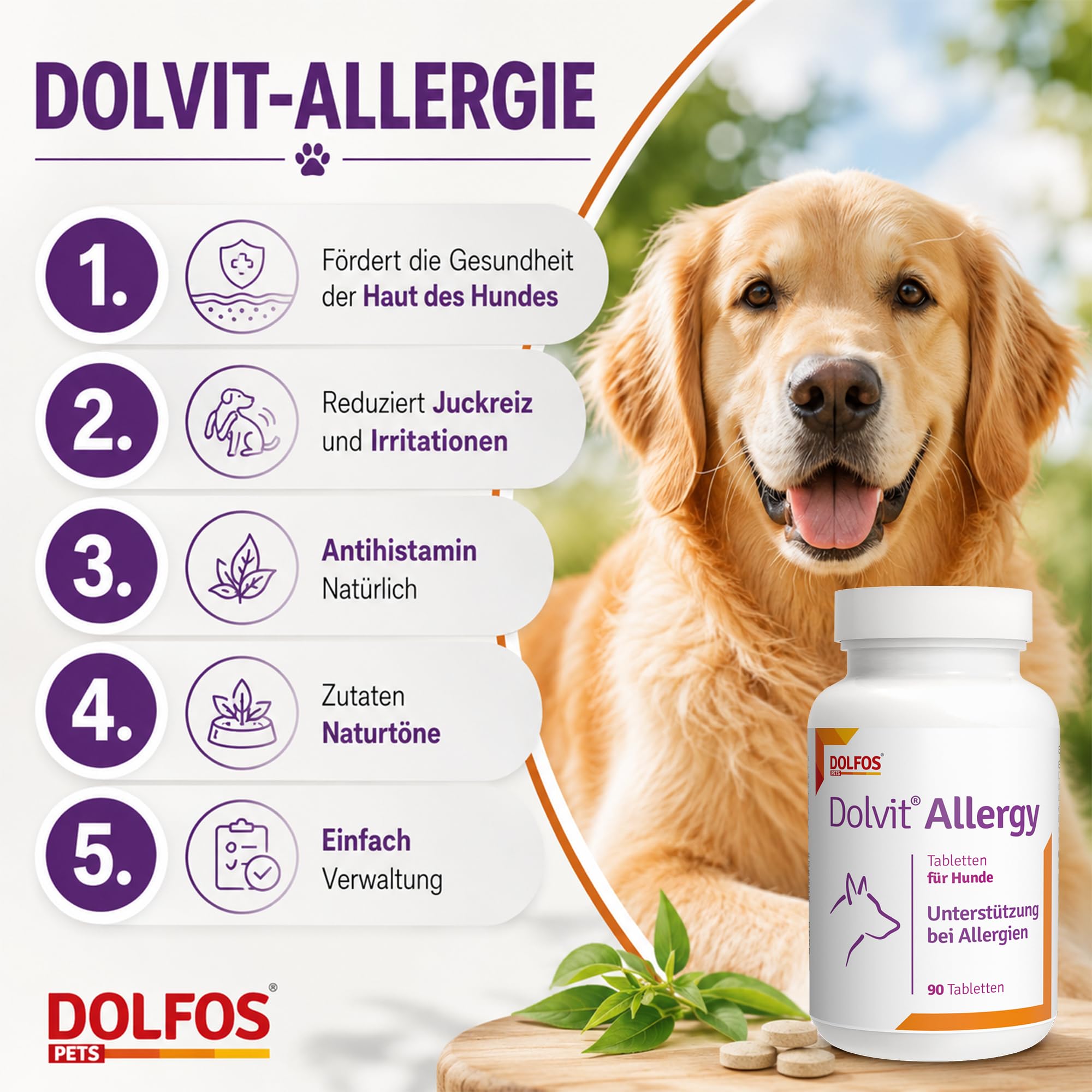 Dolvit Allergy 90 Tabletten, Allergie Tabletten für Hunde gegen Juckreiz & Dermatitis, Natürliches Ergänzungsfutter Hund zur Fellpflege, Hautgesundheit & Unterstützung bei Allergie Hund (1)