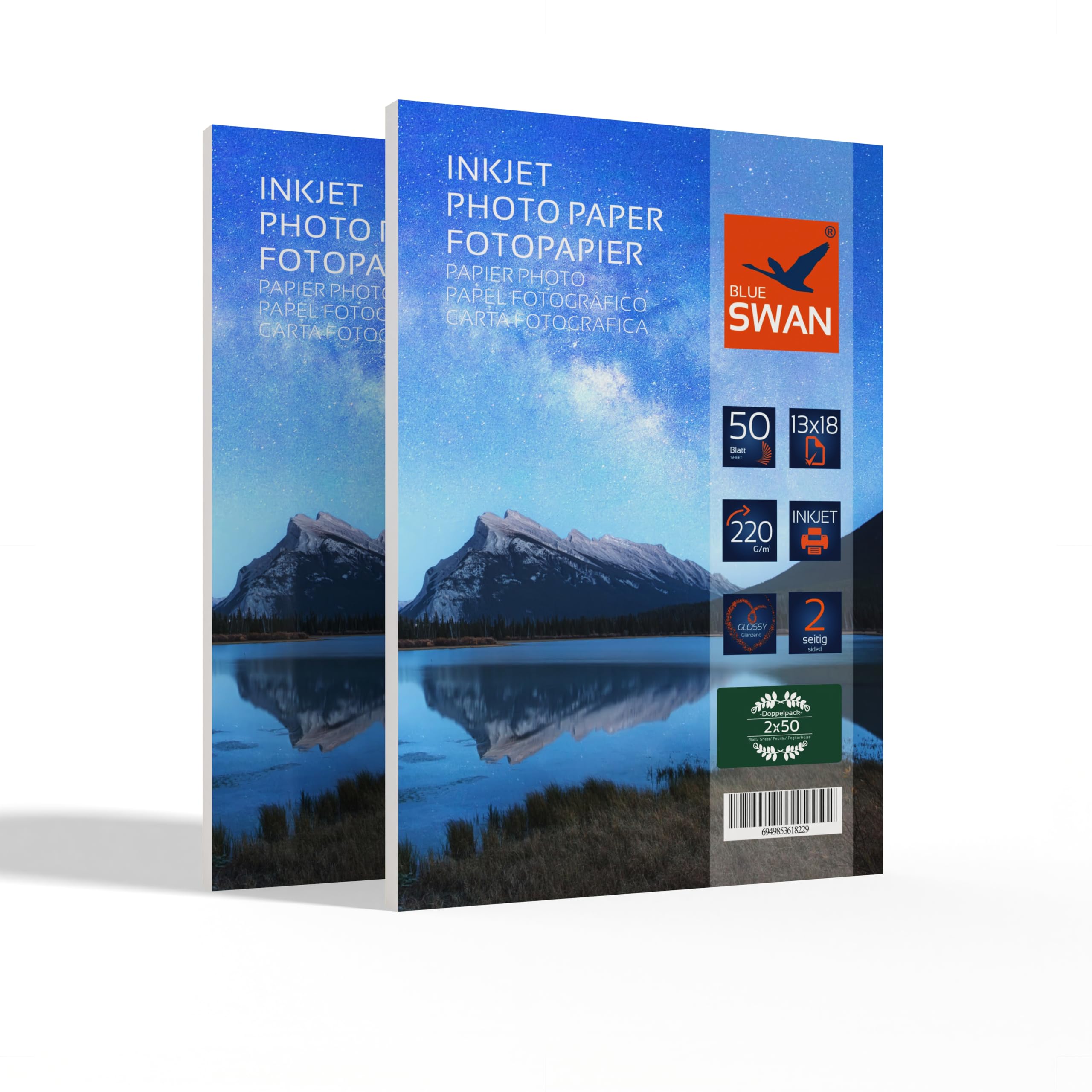 BLUE SWAN Photo Paper 1318 cm, 220 g/m, 100 Sheets, Double-Sided high Gloss, Water-Repellent, Quick-Drying, Scratch-Resistant, Compatible with Canon, HP, Epson and Brother Inkjet Printers