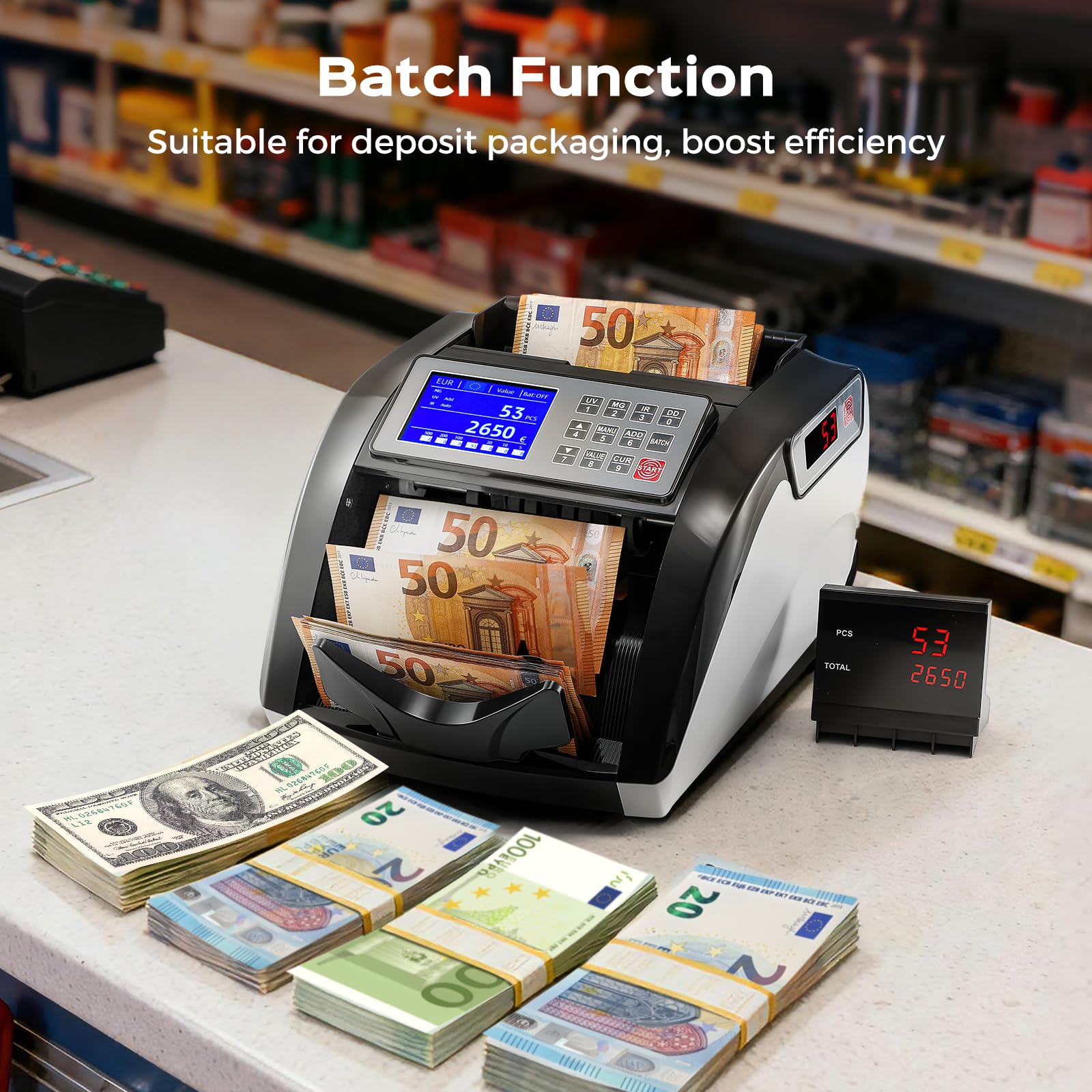 Bonvoisin Geldzählmaschine, Wertzähler für Sortierte Banknoten, Banknotenzähler mit UV/IR/MG-Falschgelderkennung, 1000 Stück/min, Geldzähler mit Touchscreen (Mischbeträge nicht Zählbar)