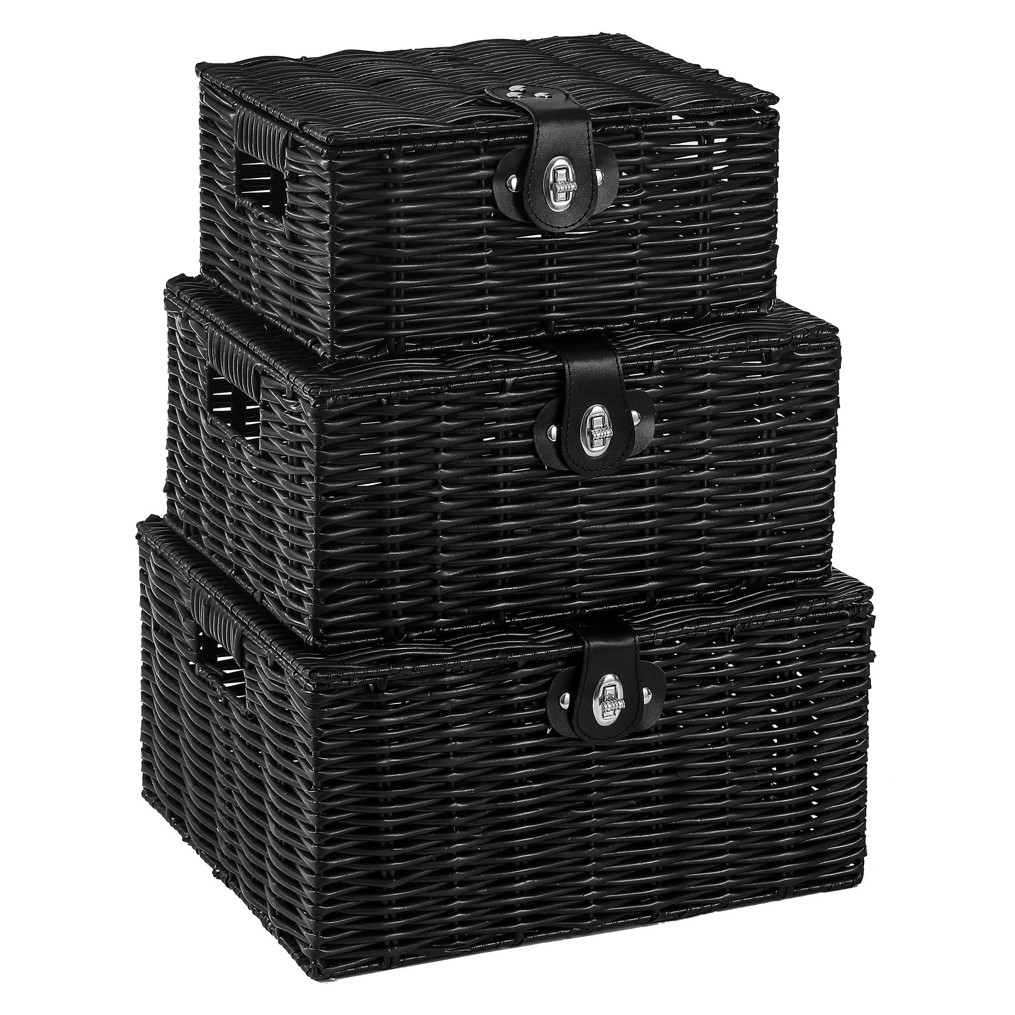 Contenedores de almacenamiento tejidos con tapas, cestas de estante organizadoras de mimbre, cajas de ratán organizador de mano, m