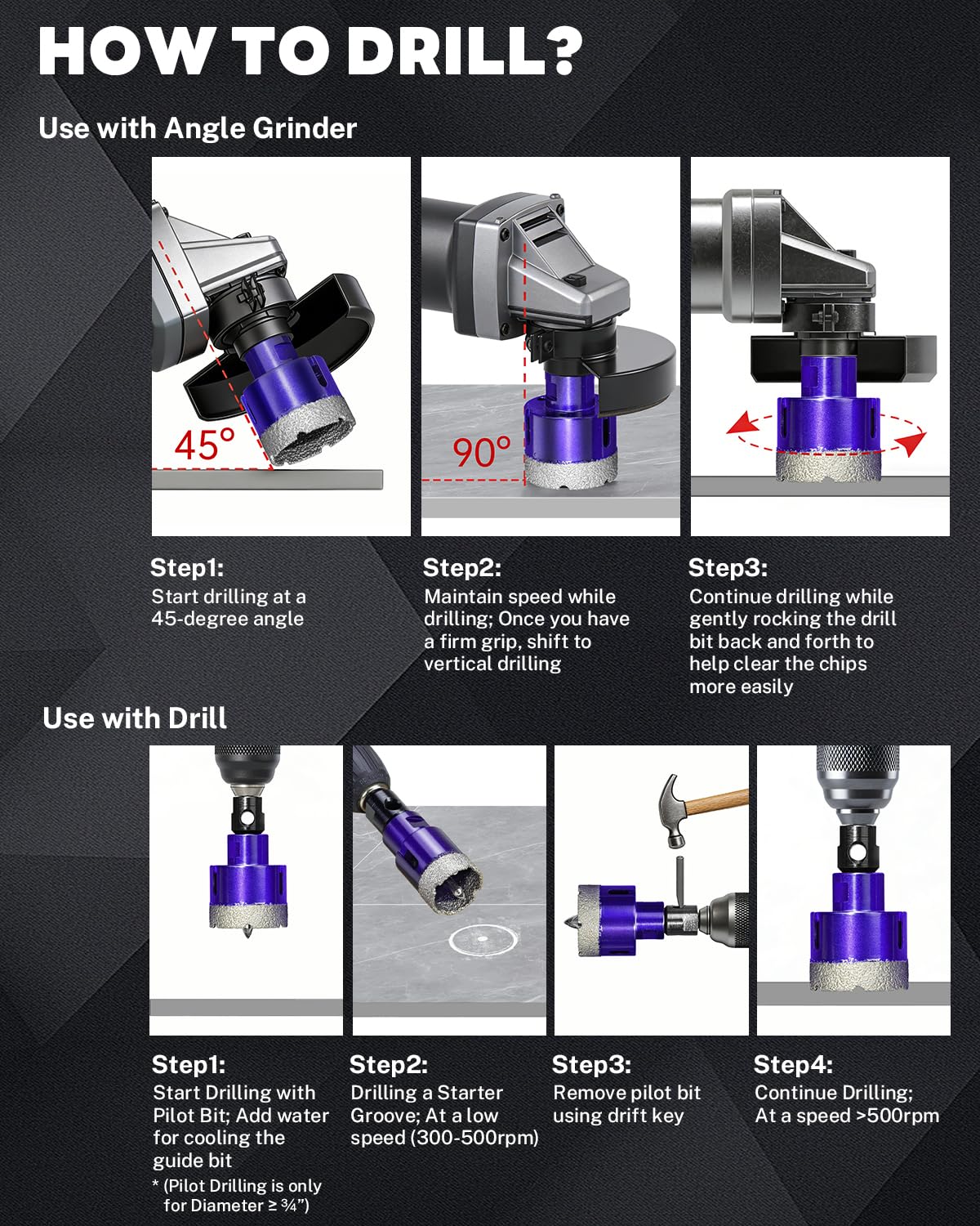 18 PCS Diamond Hole Saw Kit with Pilot Bit Adapter, 1/4"- 4" Thickened Core Drill Bit Set, Includes Tile Shaping Cone & Wide Diamond Saw Blade, for Porcelain, Ceramic, Granite, Marble, Stone
