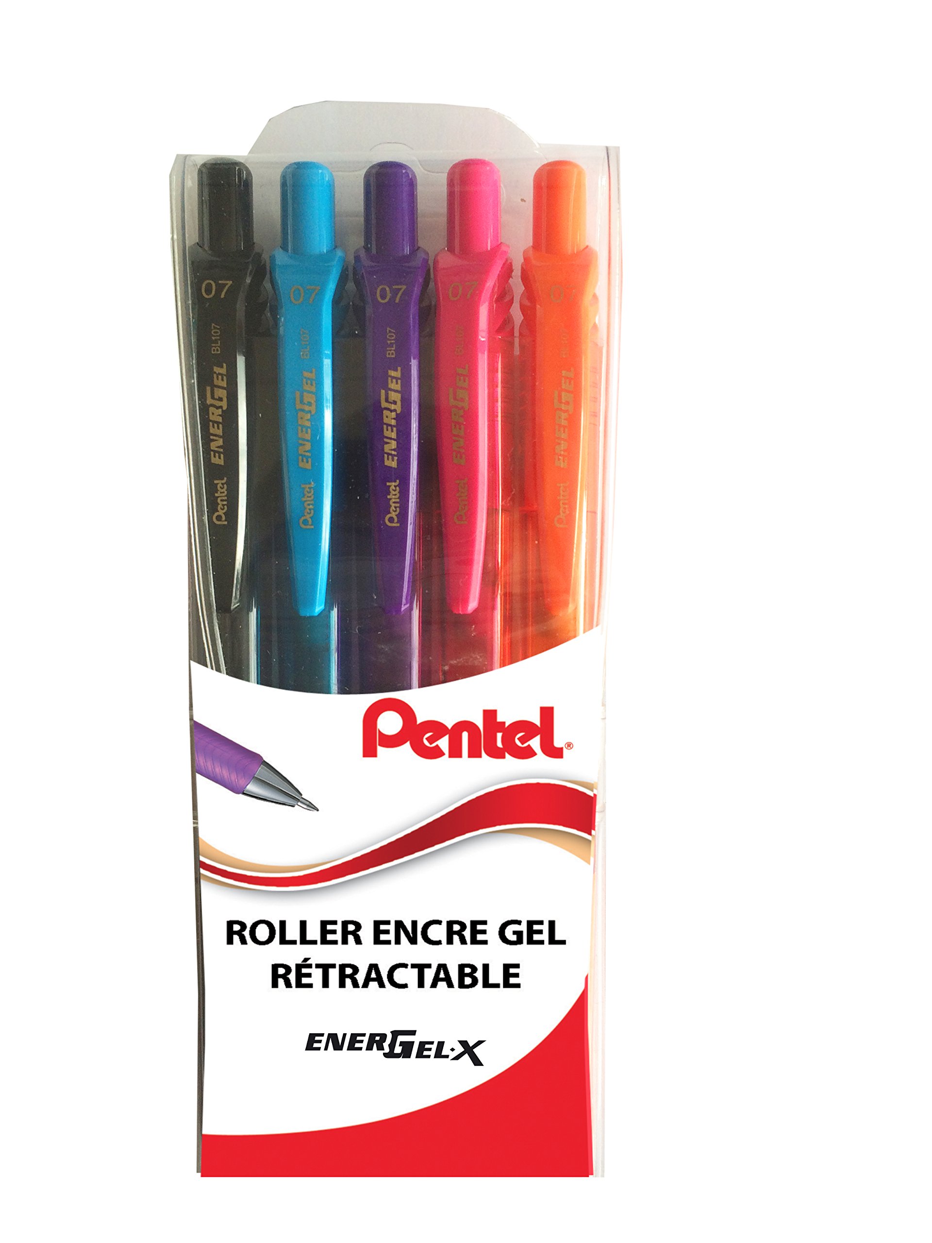 Pentel EnergelX Retractable Gel Roller Pens, 0.7 mm Tip Pochette de 5 Noir/Turquoise/Bleu ciel/Rose/Violet โ image 1