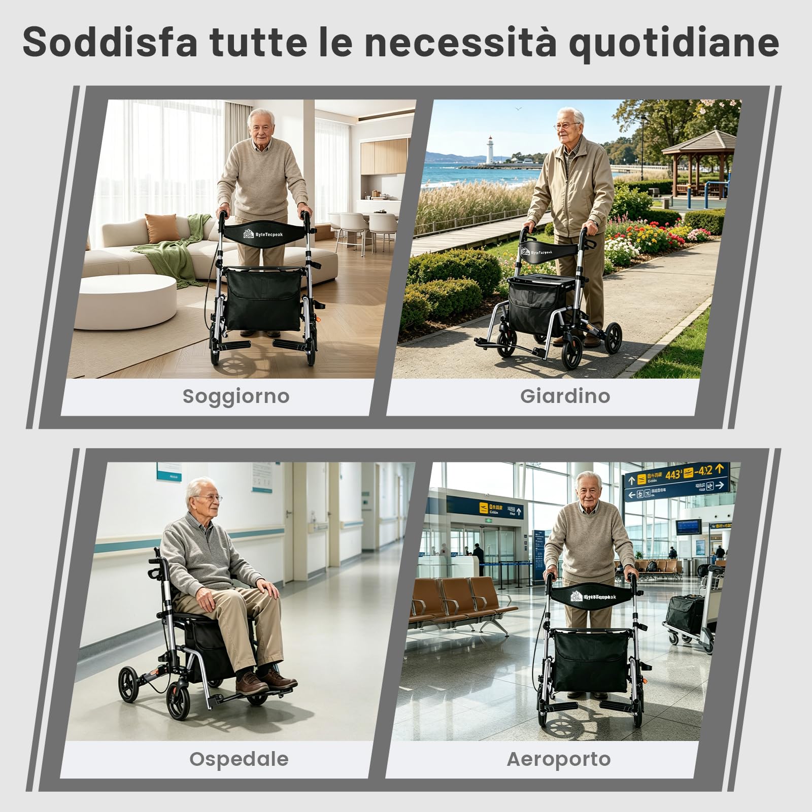 R3 Deambulatore leggero 2 in 1 e sedia a rotelle– Carrello pieghevole regolabile in altezza ed ergonomico, con funzione sedia a rotelle per interni ed esterni, con custodia (Argento)
