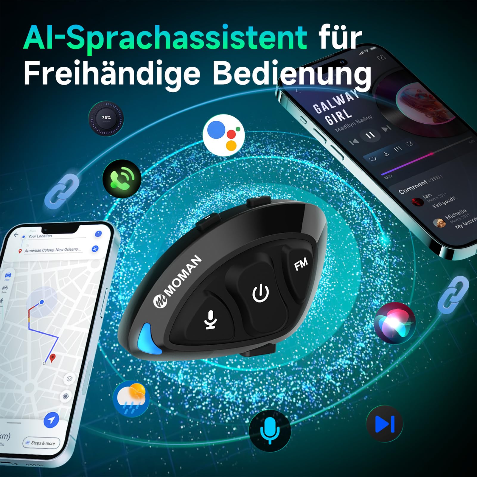 Moman Bluetooth Kommunikationssystem für Motorradhelme, Mono-Headset mit Hi-Fi Lautsprechern & Geräuschunterdrückung, FM-Radio, KI-Sprachassistent, Freisprechen, IPX6 wasserdicht (Einzelfahrer)